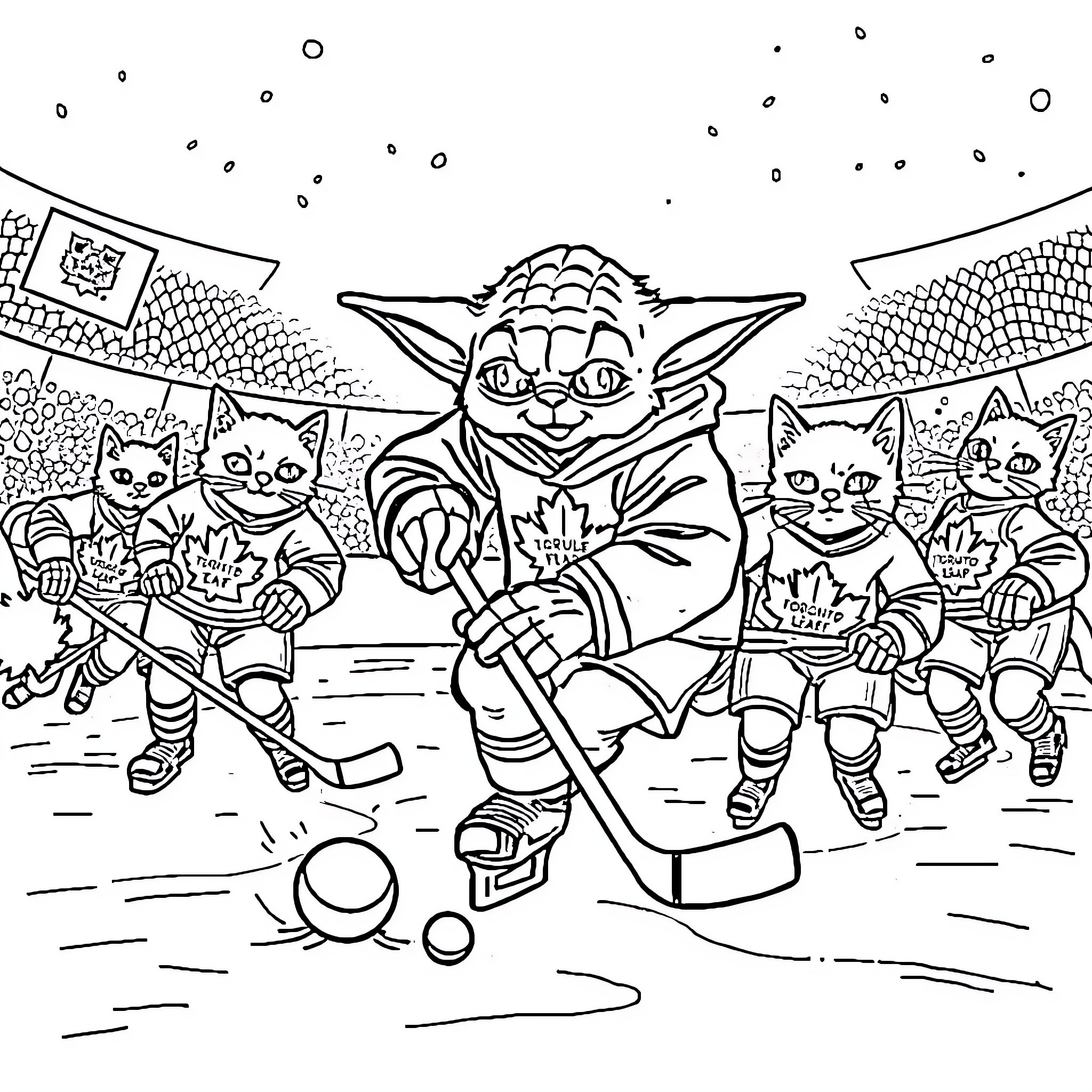 Yoda playing hockey with mischievous cats Coloring Page (free black-and-white line drawing printable PDF for all, from beginners to advanced learners, including children, teens, adults, and seniors)