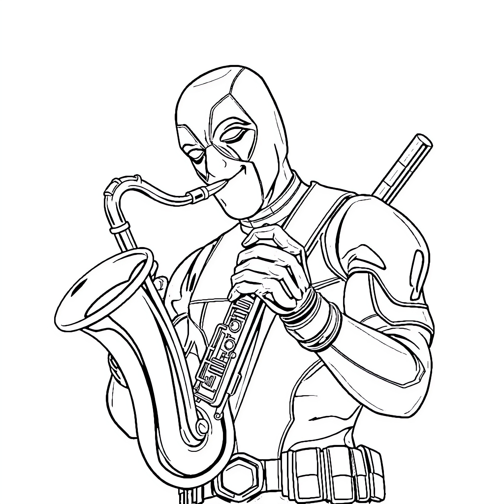 Deadpool playing saxophone in action pose Coloring Page (free black-and-white line drawing printable PDF for all, from beginners to advanced learners, including children, teens, adults, and seniors)