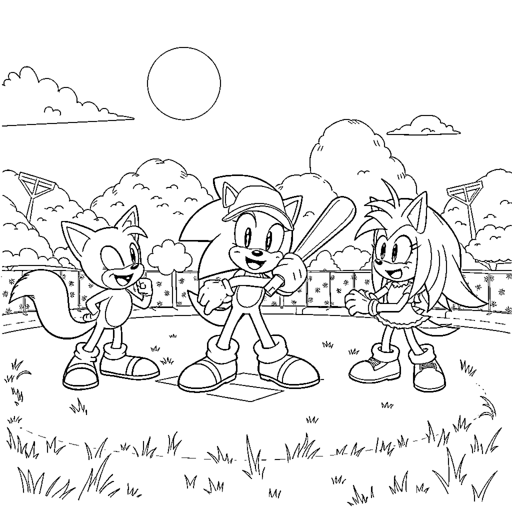 Sonic and friends enjoying a fun outdoor adventure Coloring Page (free black-and-white line drawing printable PDF for all, from beginners to advanced learners, including children, teens, adults, and seniors)