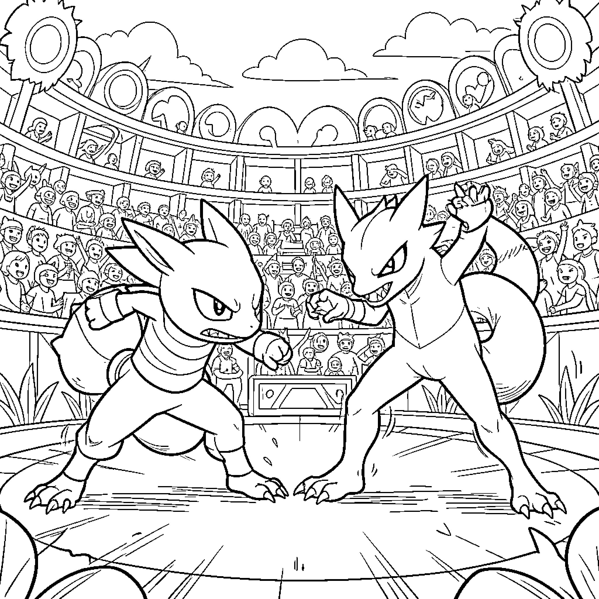Greninja engaged in a fierce battle in a stadium Coloring Page (free black-and-white line drawing printable PDF for all, from beginners to advanced learners, including children, teens, adults, and seniors)