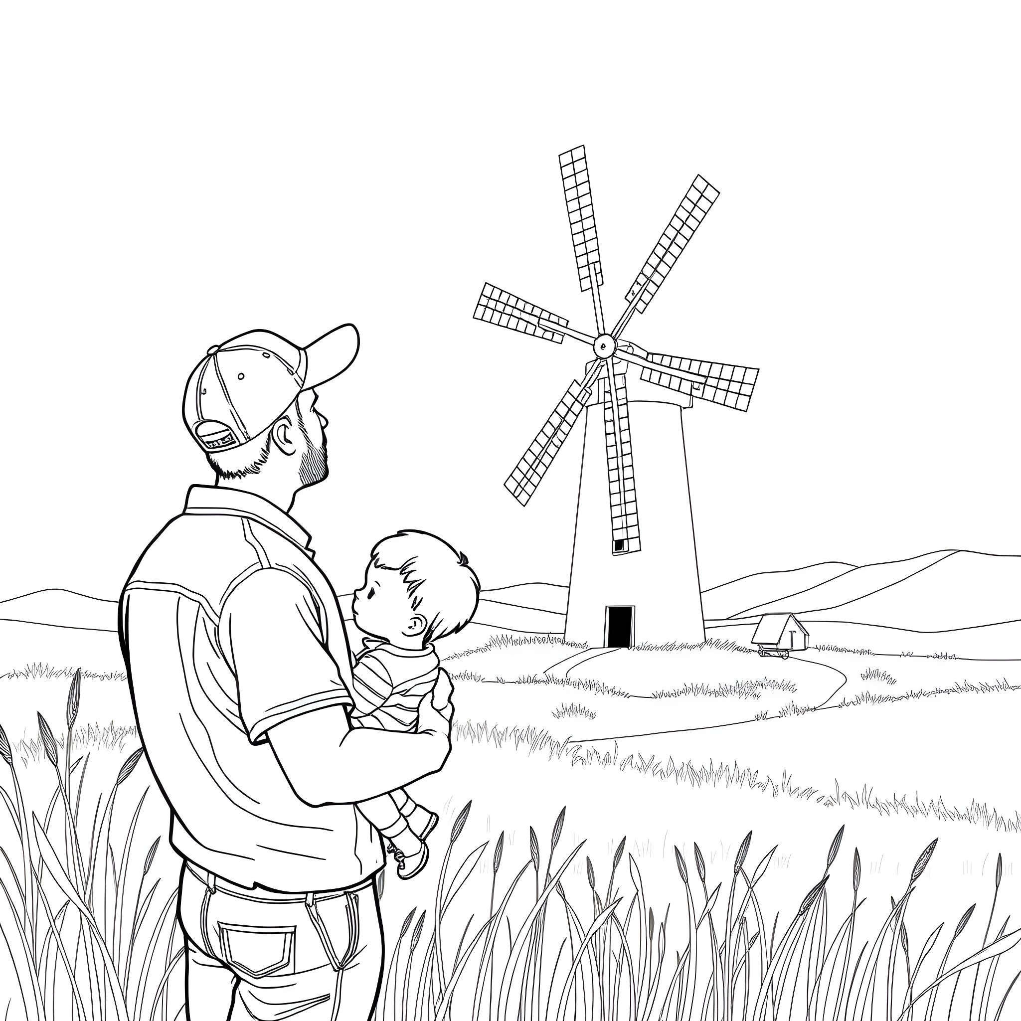 Guy carrying baby near windmill in countryside Coloring Page (free black-and-white line drawing printable PDF for all, from beginners to advanced learners, including children, teens, adults, and seniors)