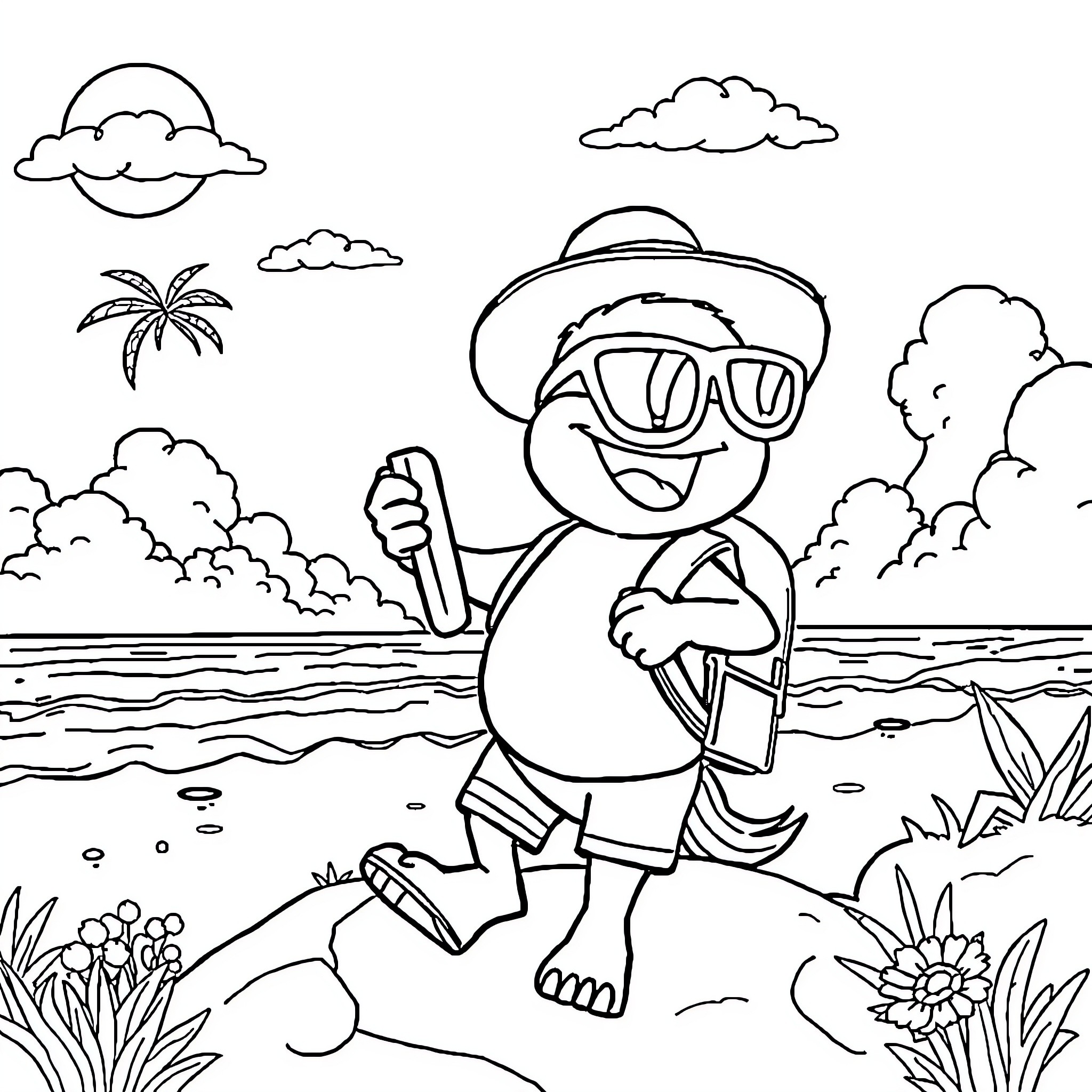 Papelucho enjoying a sunny day at the beach Coloring Page (free black-and-white line drawing printable PDF for all, from beginners to advanced learners, including children, teens, adults, and seniors)