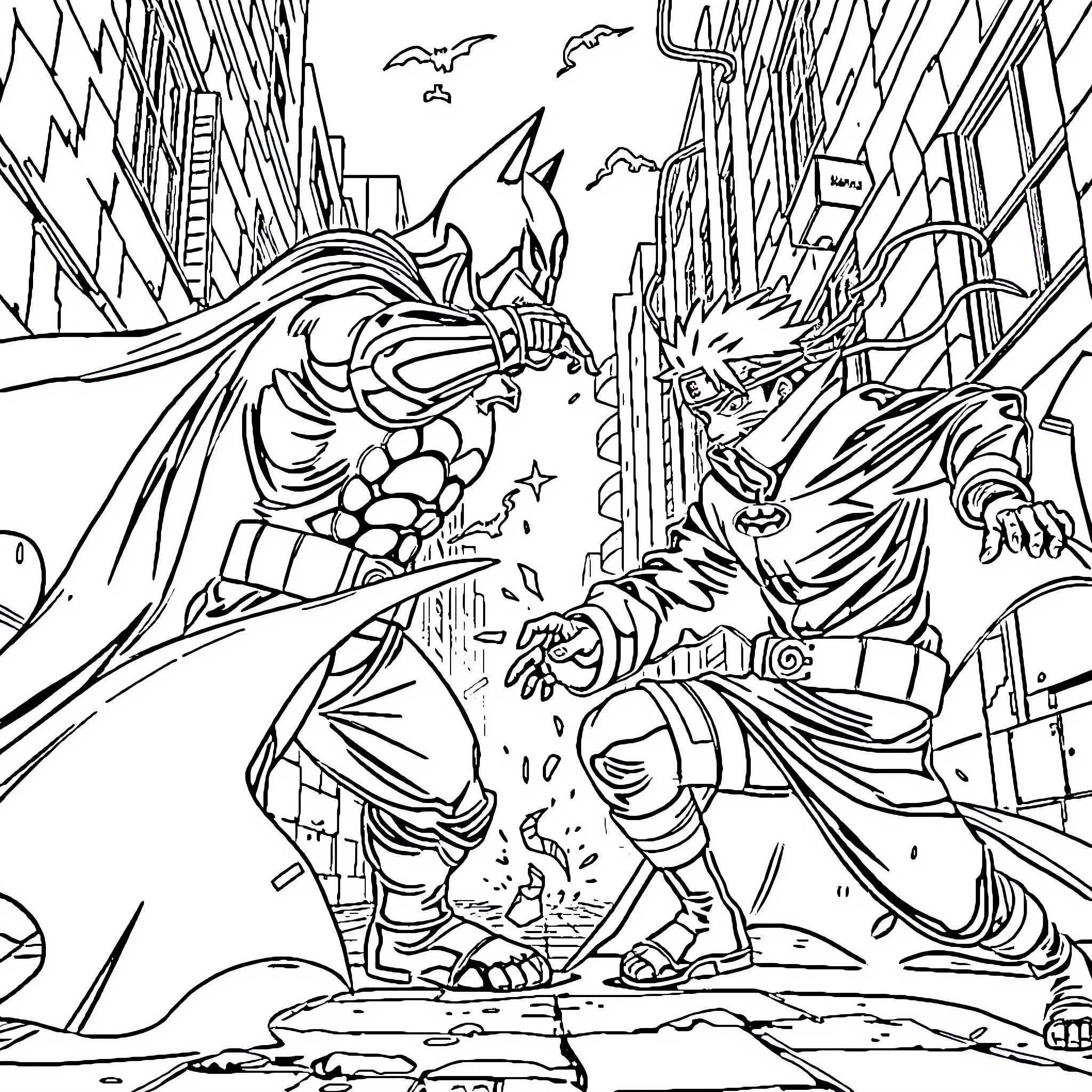 Batman's epic battle in the dark city Coloring Page (free black-and-white line drawing printable PDF for all, from beginners to advanced learners, including children, teens, adults, and seniors)