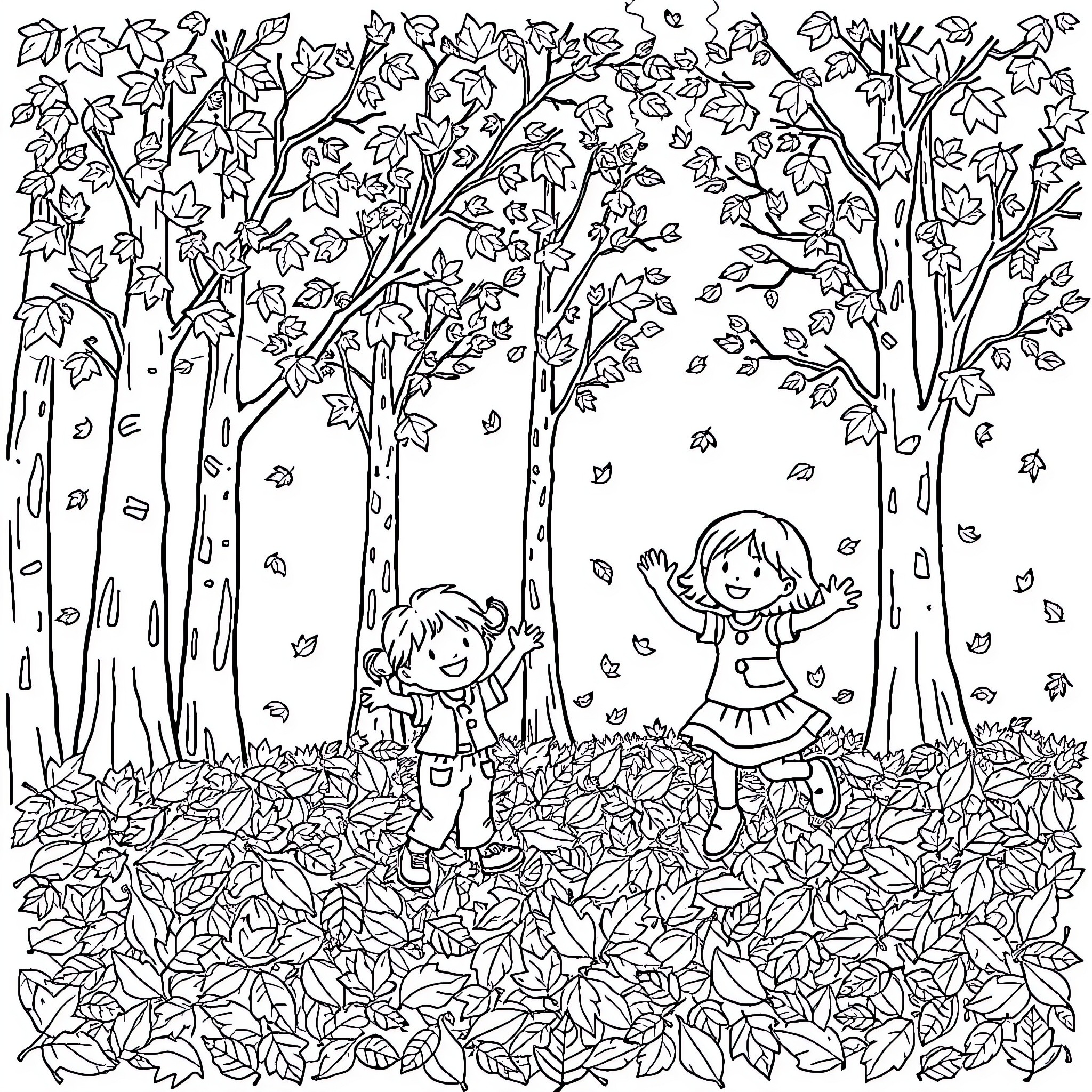 Tree children playing in autumn leaves Coloring Page (free black-and-white line drawing printable PDF for all, from beginners to advanced learners, including children, teens, adults, and seniors)