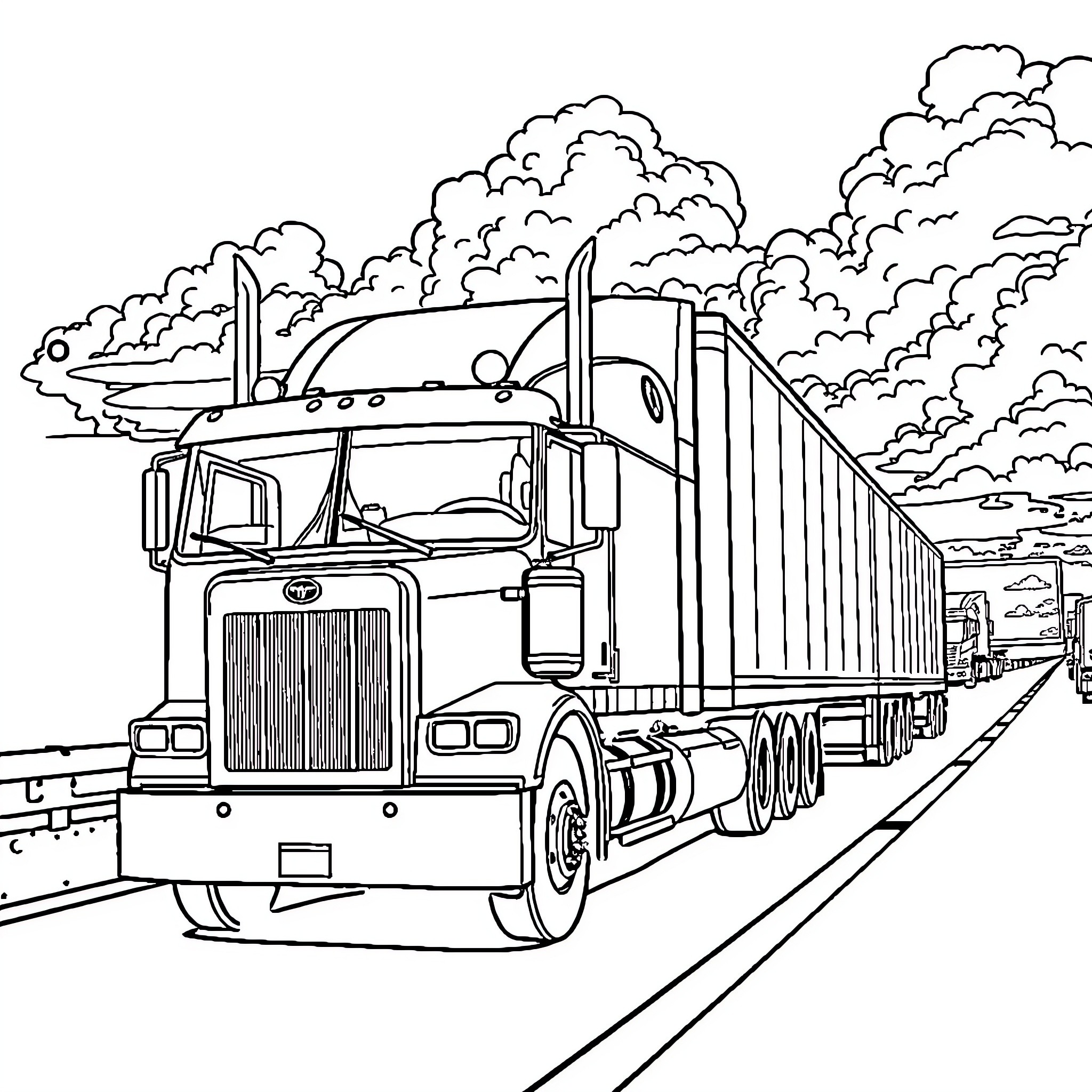 Truck transporting cargo along the highway Coloring Page (free black-and-white line drawing printable PDF for all, from beginners to advanced learners, including children, teens, adults, and seniors)