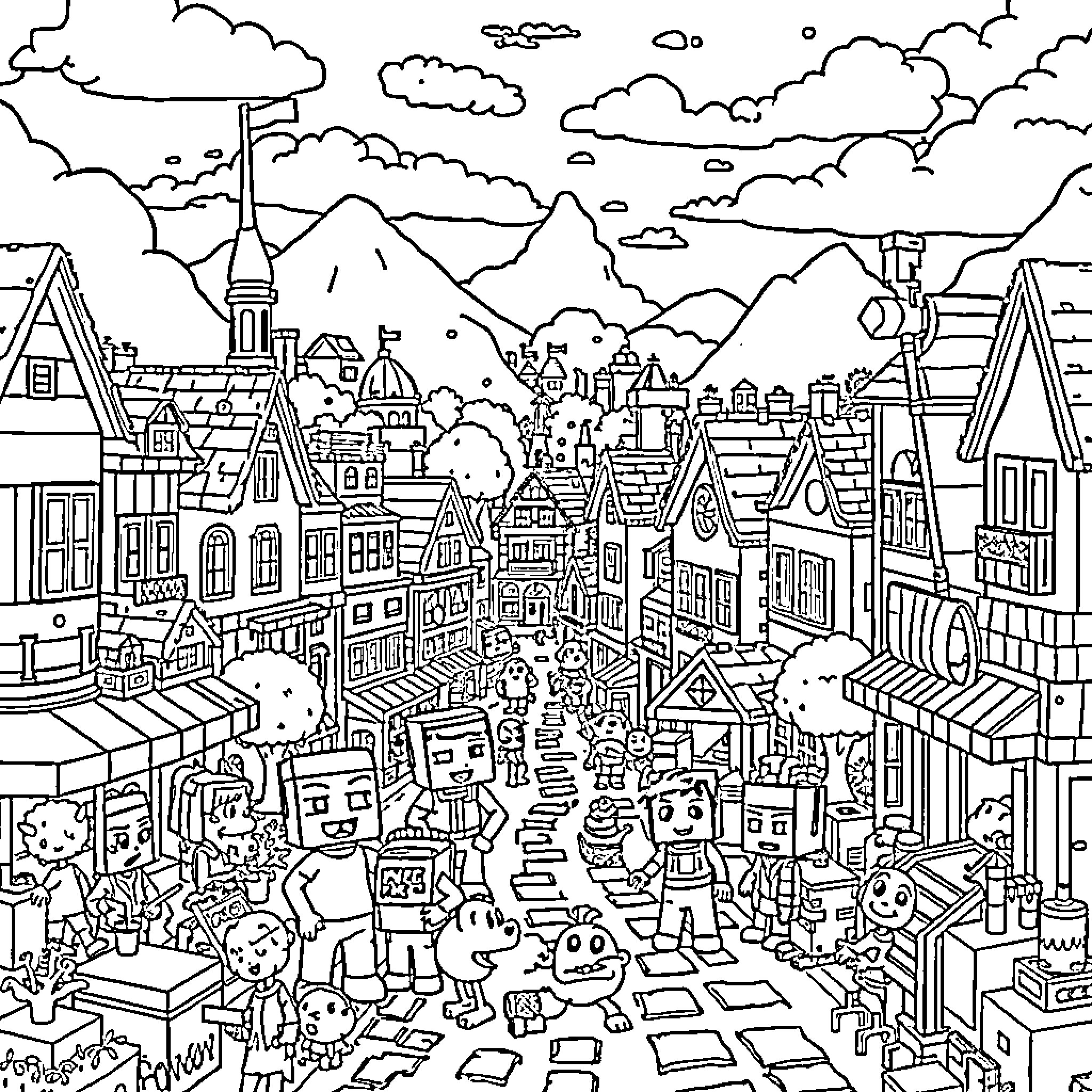 Minecraft Character Exploring a Bustling Minecraft Town Coloring Page (free black-and-white line drawing printable PDF for all, from beginners to advanced learners, including children, teens, adults, and seniors)