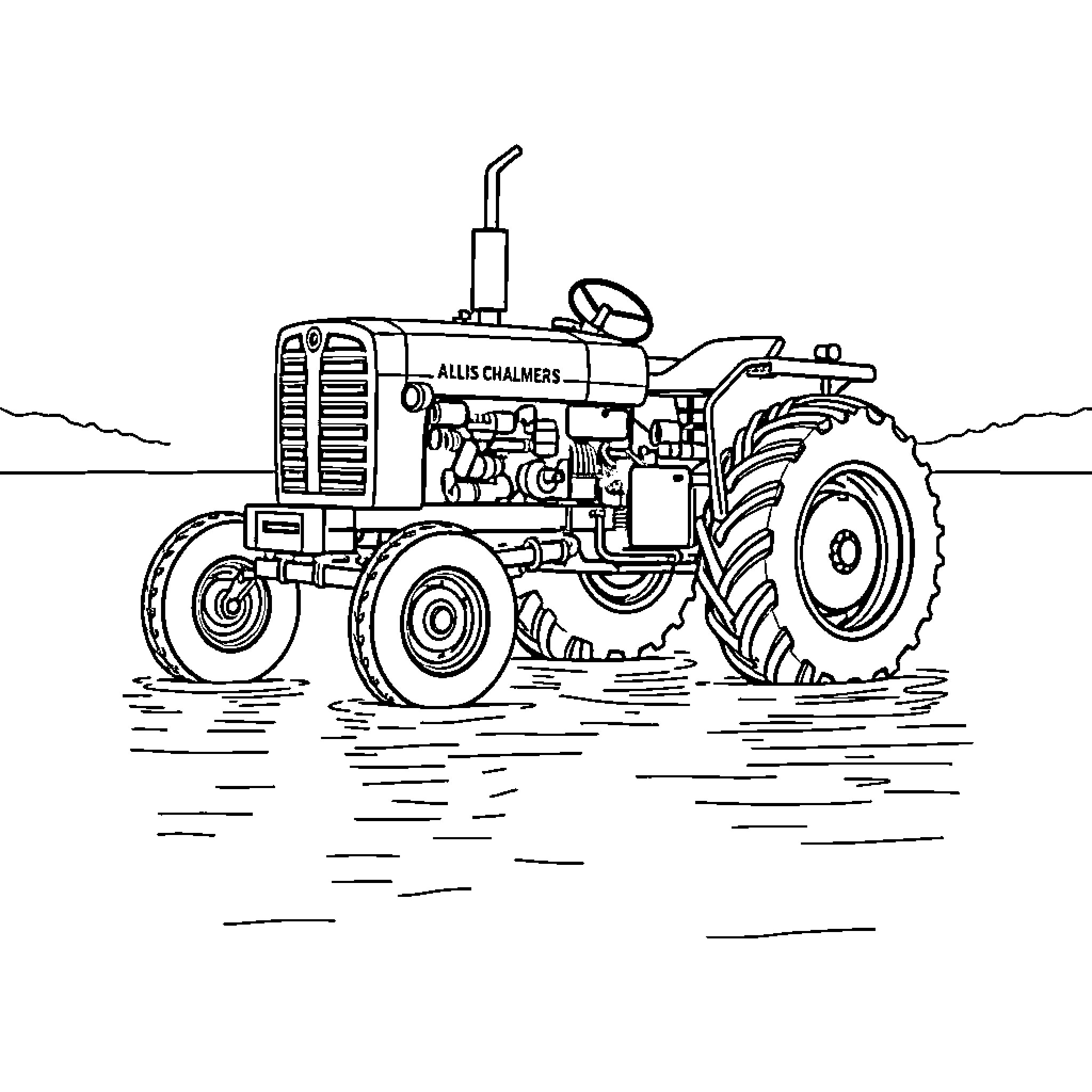 Tractor driving in field Coloring Page (free black-and-white line drawing printable PDF for all, from beginners to advanced learners, including children, teens, adults, and seniors)