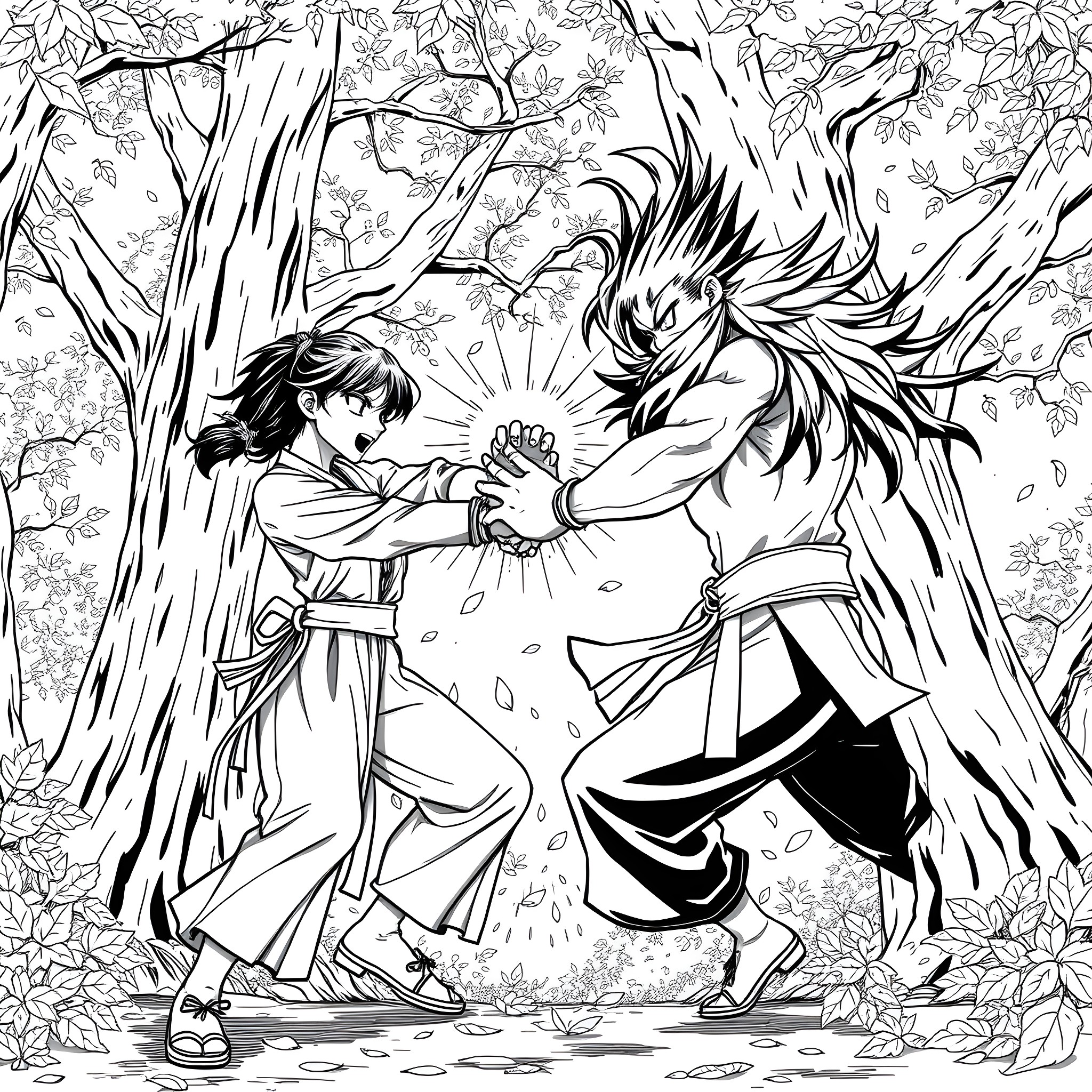 Nezuko and Tanjiro in an intense battle in the forest Coloring Page (free black-and-white line drawing printable PDF for all, from beginners to advanced learners, including children, teens, adults, and seniors)
