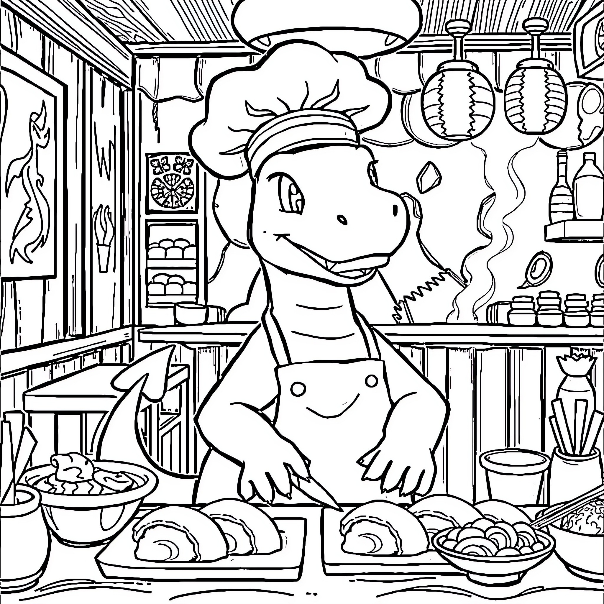 Charizard Prepares Delicious Dishes in the Kitchen Coloring Page (free black-and-white line drawing printable PDF for all, from beginners to advanced learners, including children, teens, adults, and seniors)