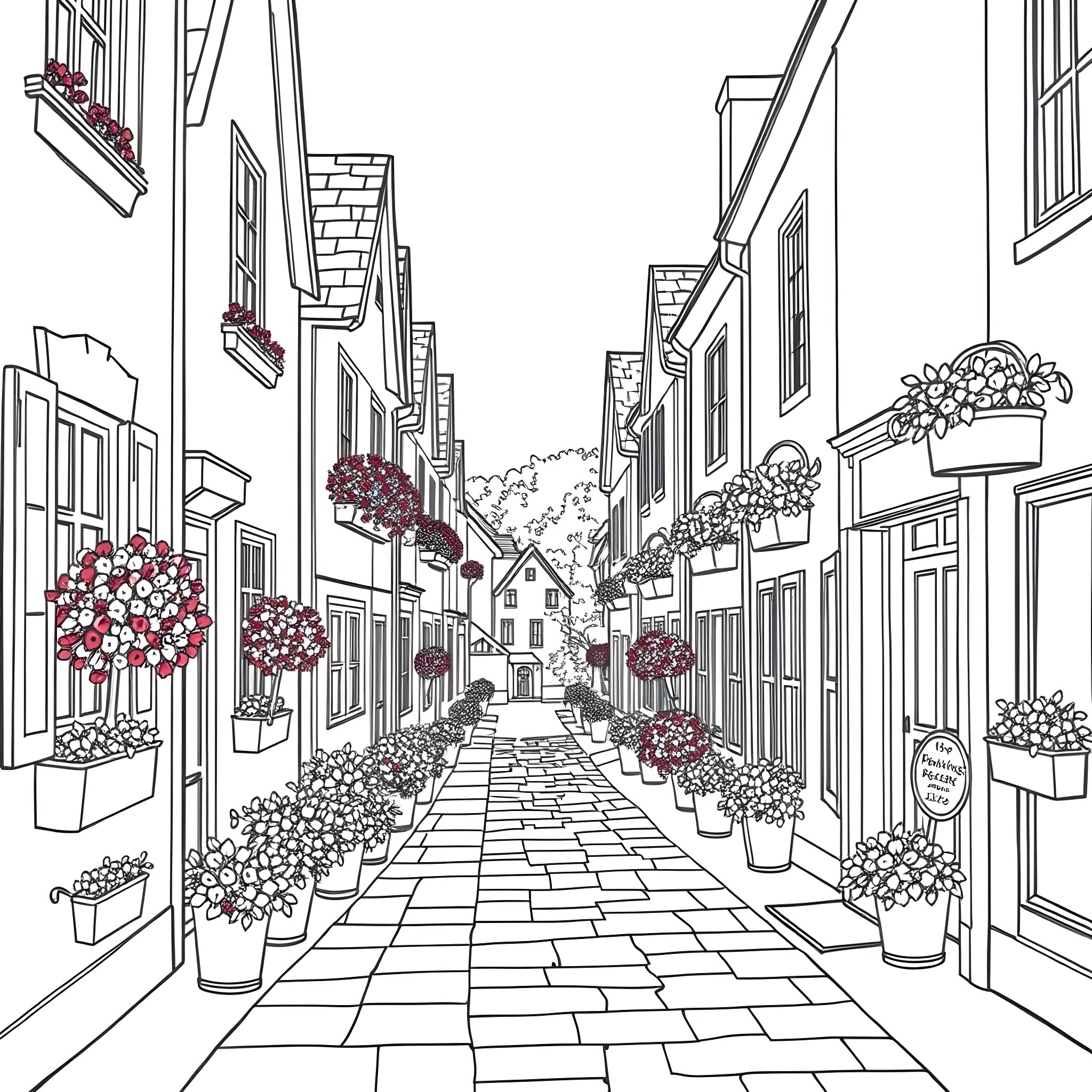 Rue of Blooming Flowers and Quaint Buildings Coloring Page (free black-and-white line drawing printable PDF for all, from beginners to advanced learners, including children, teens, adults, and seniors)