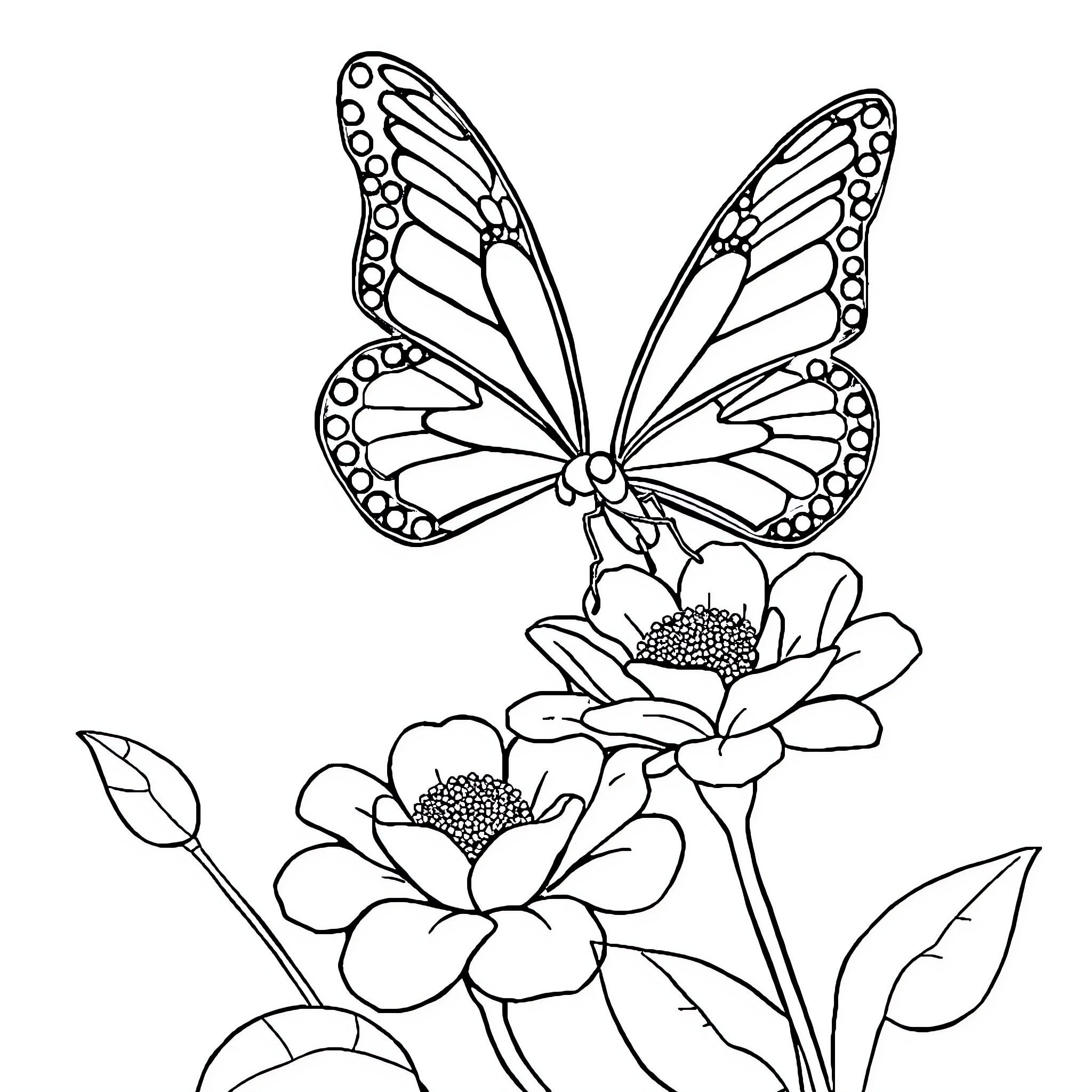 Butterfly resting on blooming flowers Coloring Page (free black-and-white line drawing printable PDF for all, from beginners to advanced learners, including children, teens, adults, and seniors)