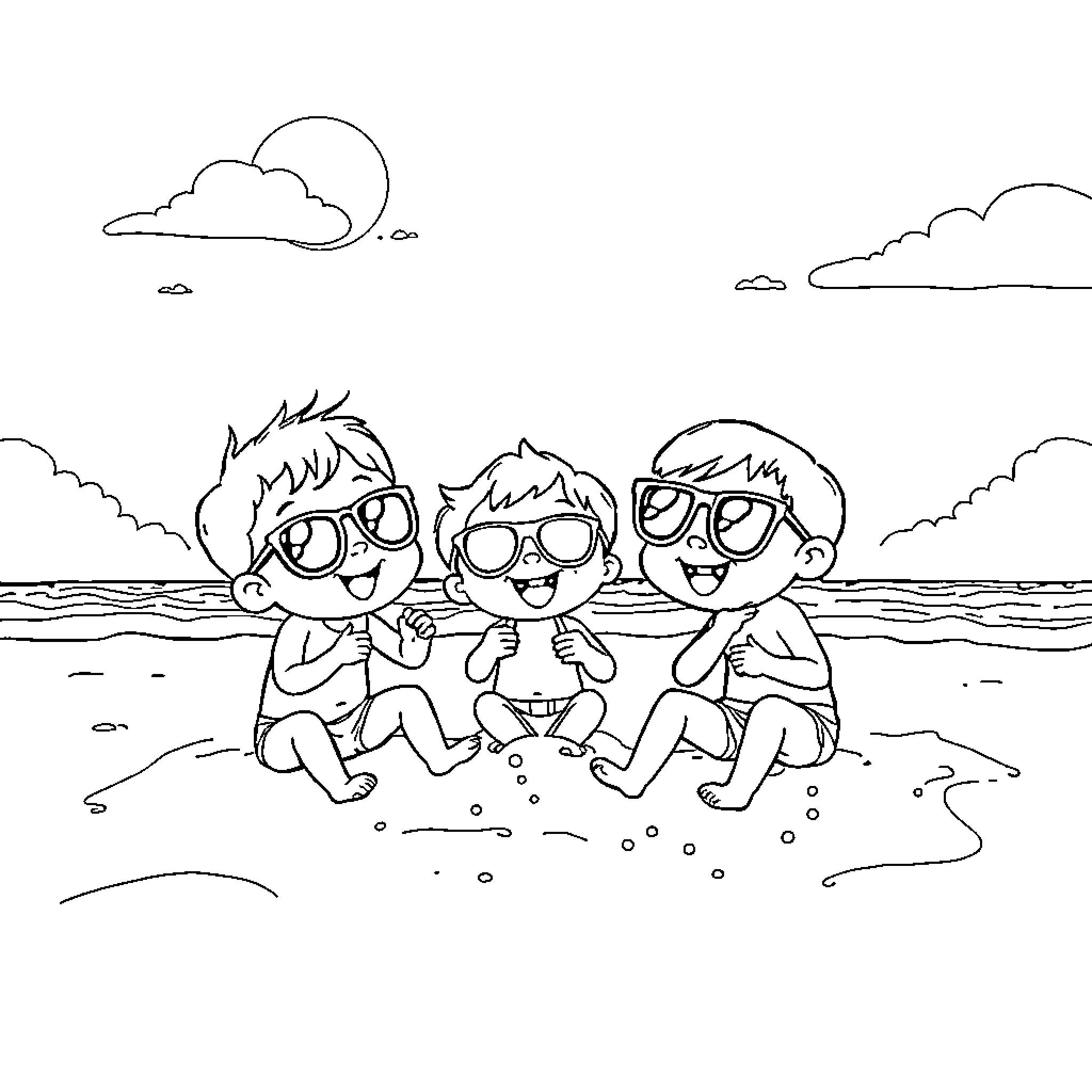 Bubu and friends enjoy a sunny day at the beach Coloring Page (free black-and-white line drawing printable PDF for all, from beginners to advanced learners, including children, teens, adults, and seniors)