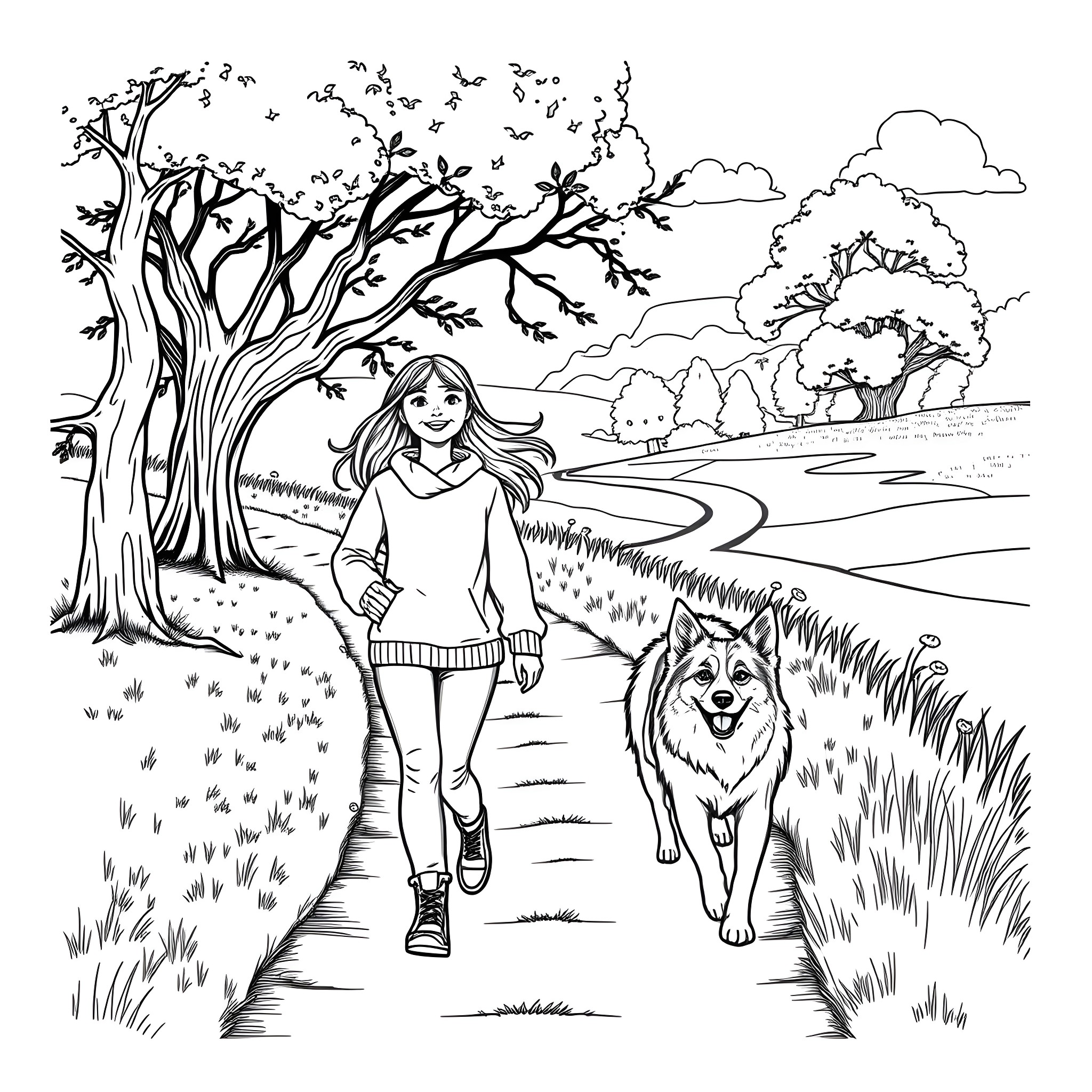 Teen Girl Walking Her Dog in the Park Coloring Page (free black-and-white line drawing printable PDF for all, from beginners to advanced learners, including children, teens, adults, and seniors)