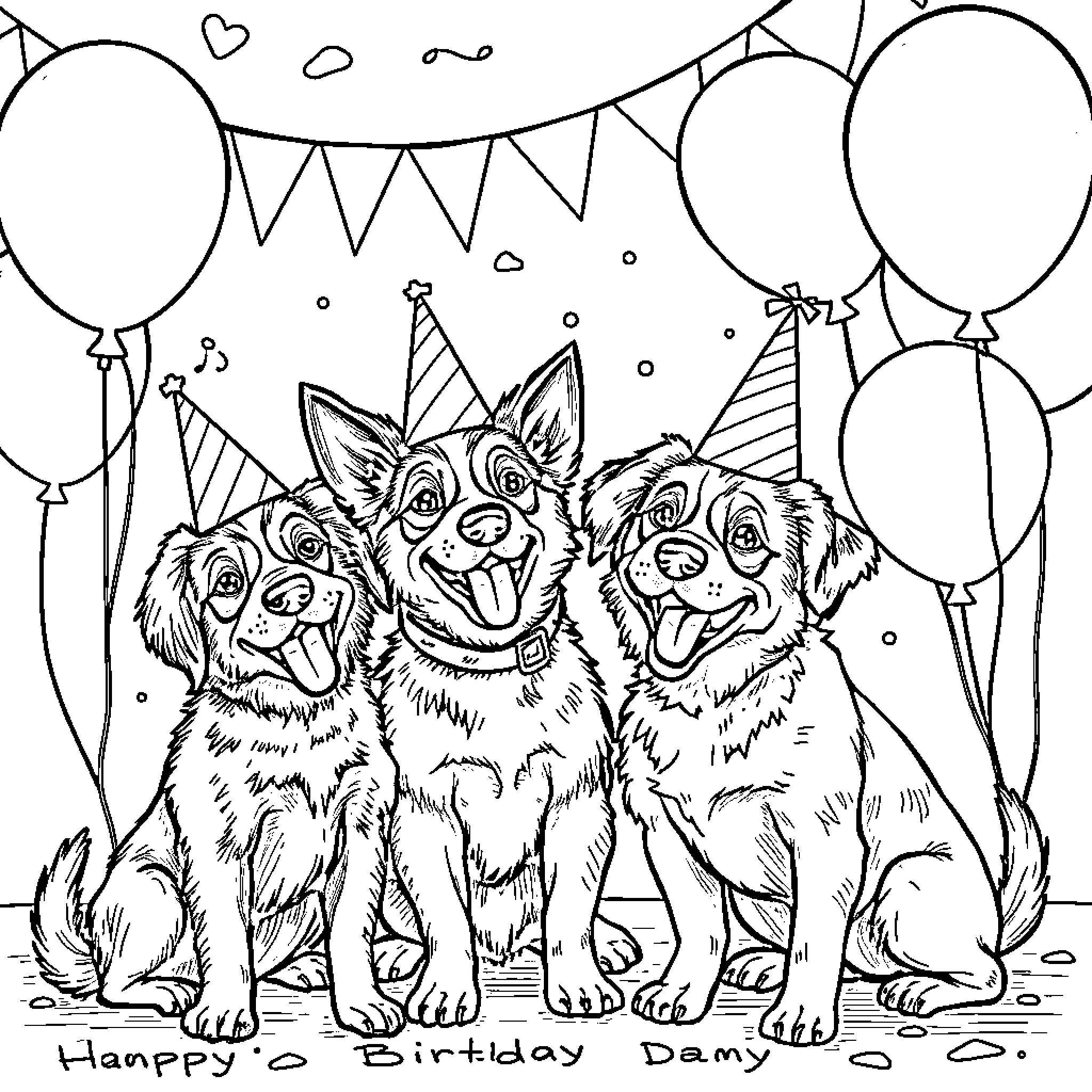 Dog Companions Celebrating Happy Birthday Party Coloring Page (free black-and-white line drawing printable PDF for all, from beginners to advanced learners, including children, teens, adults, and seniors)
