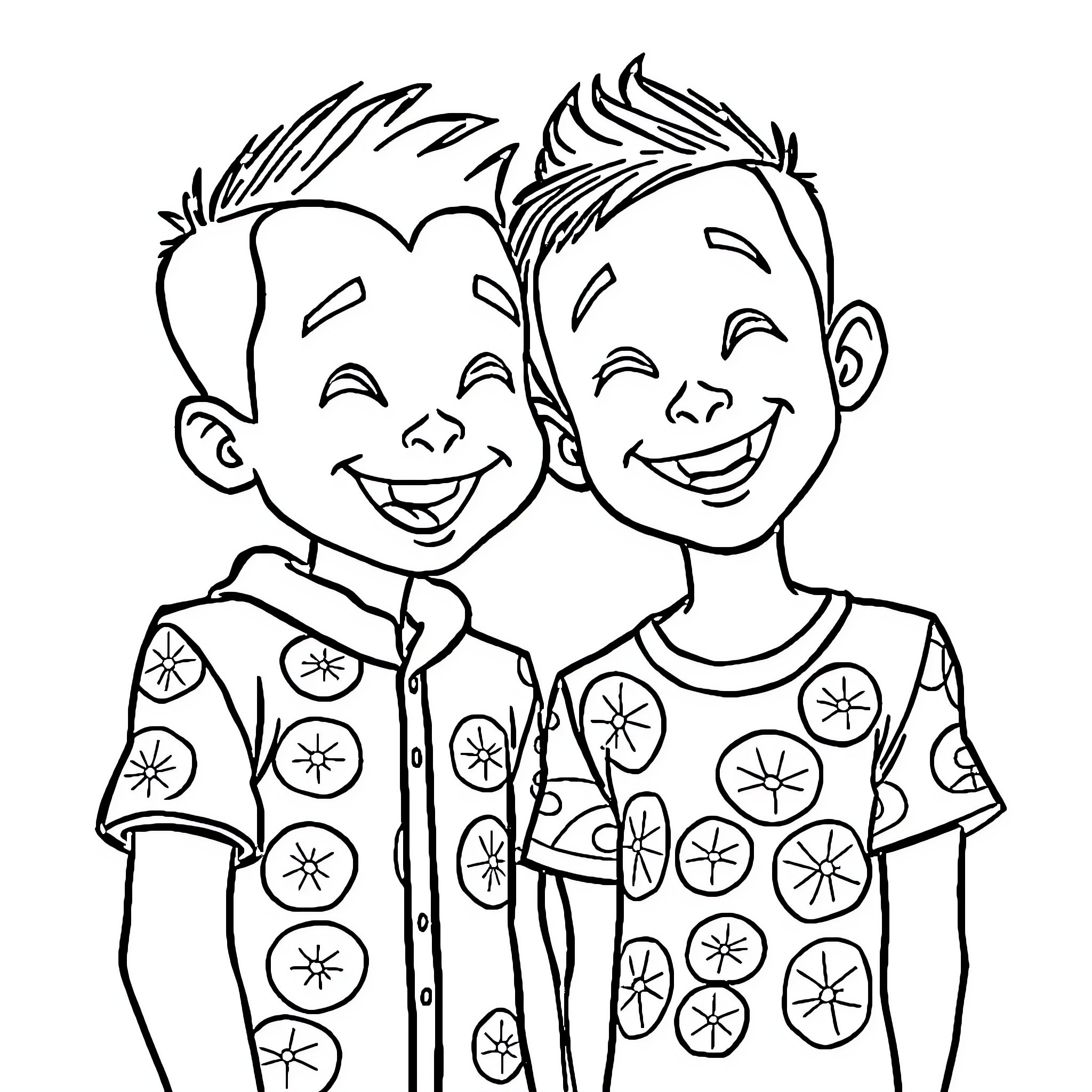 Upin and Ipin laughing happily together Coloring Page (free black-and-white line drawing printable PDF for all, from beginners to advanced learners, including children, teens, adults, and seniors)
