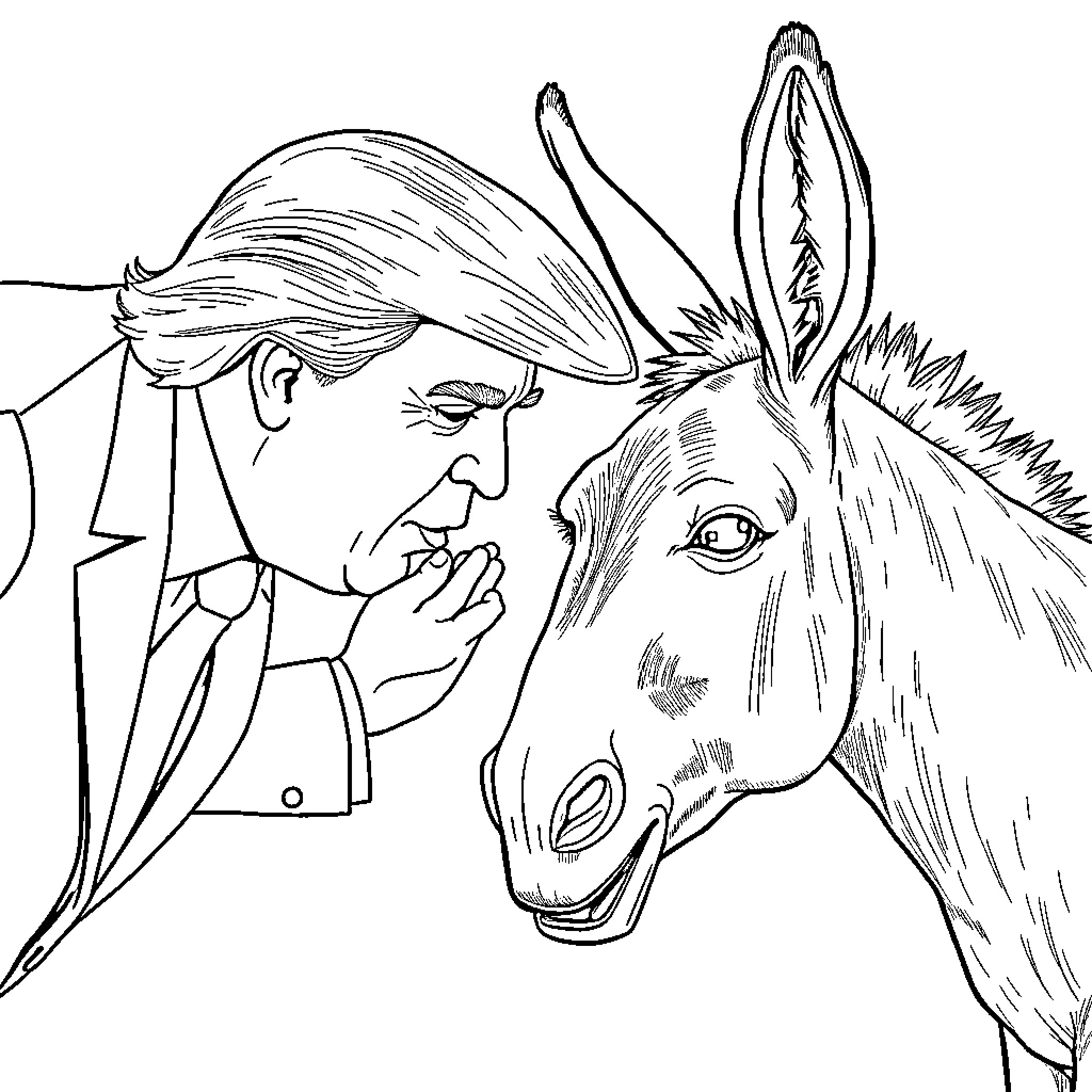 Donald Trump Facing a Defiant Donkey Coloring Page (free black-and-white line drawing printable PDF for all, from beginners to advanced learners, including children, teens, adults, and seniors)
