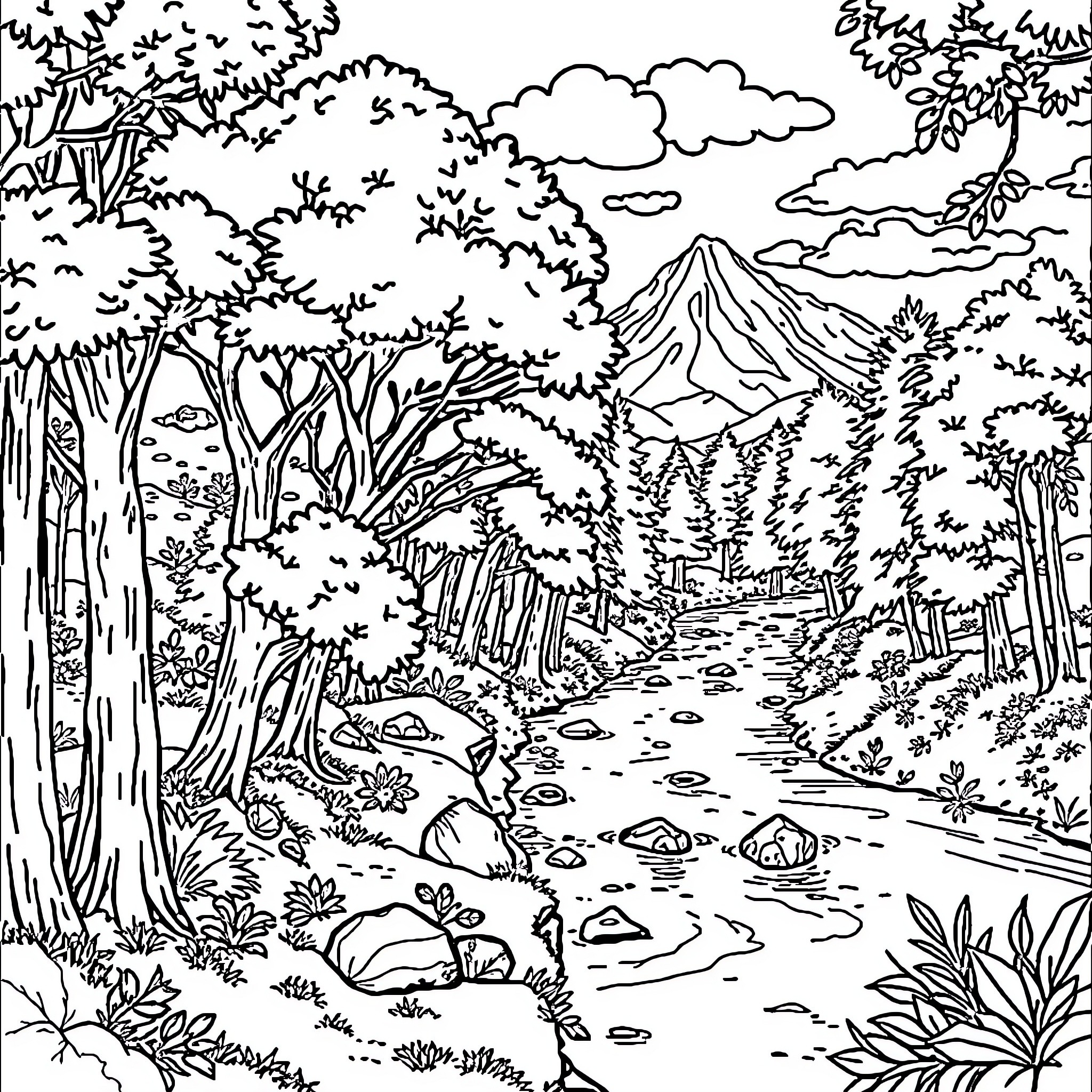 Forest scenery with mountain and stream Coloring Page (free black-and-white line drawing printable PDF for all, from beginners to advanced learners, including children, teens, adults, and seniors)