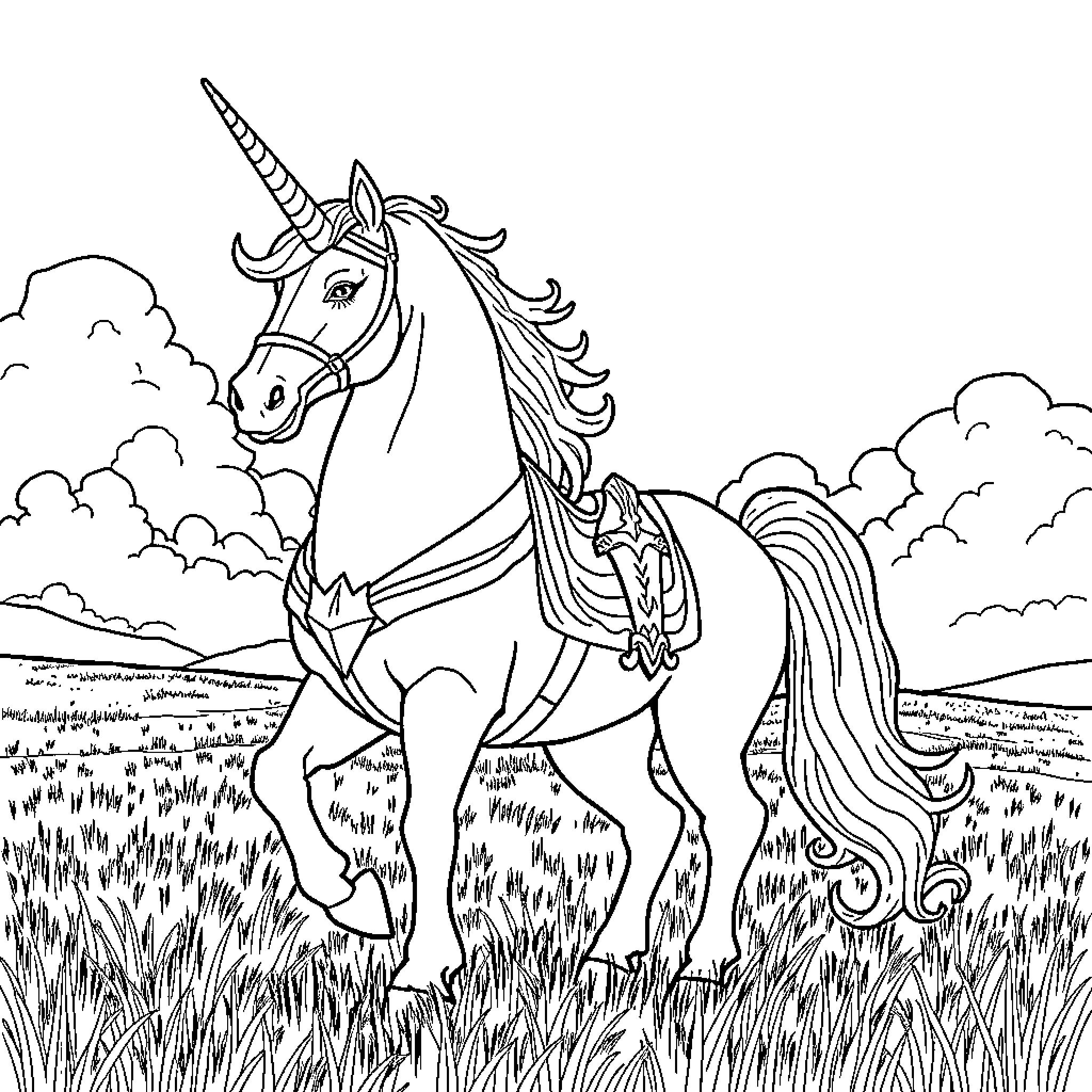 Unicorn standing proudly in a meadow Coloring Page (free black-and-white line drawing printable PDF for all, from beginners to advanced learners, including children, teens, adults, and seniors)