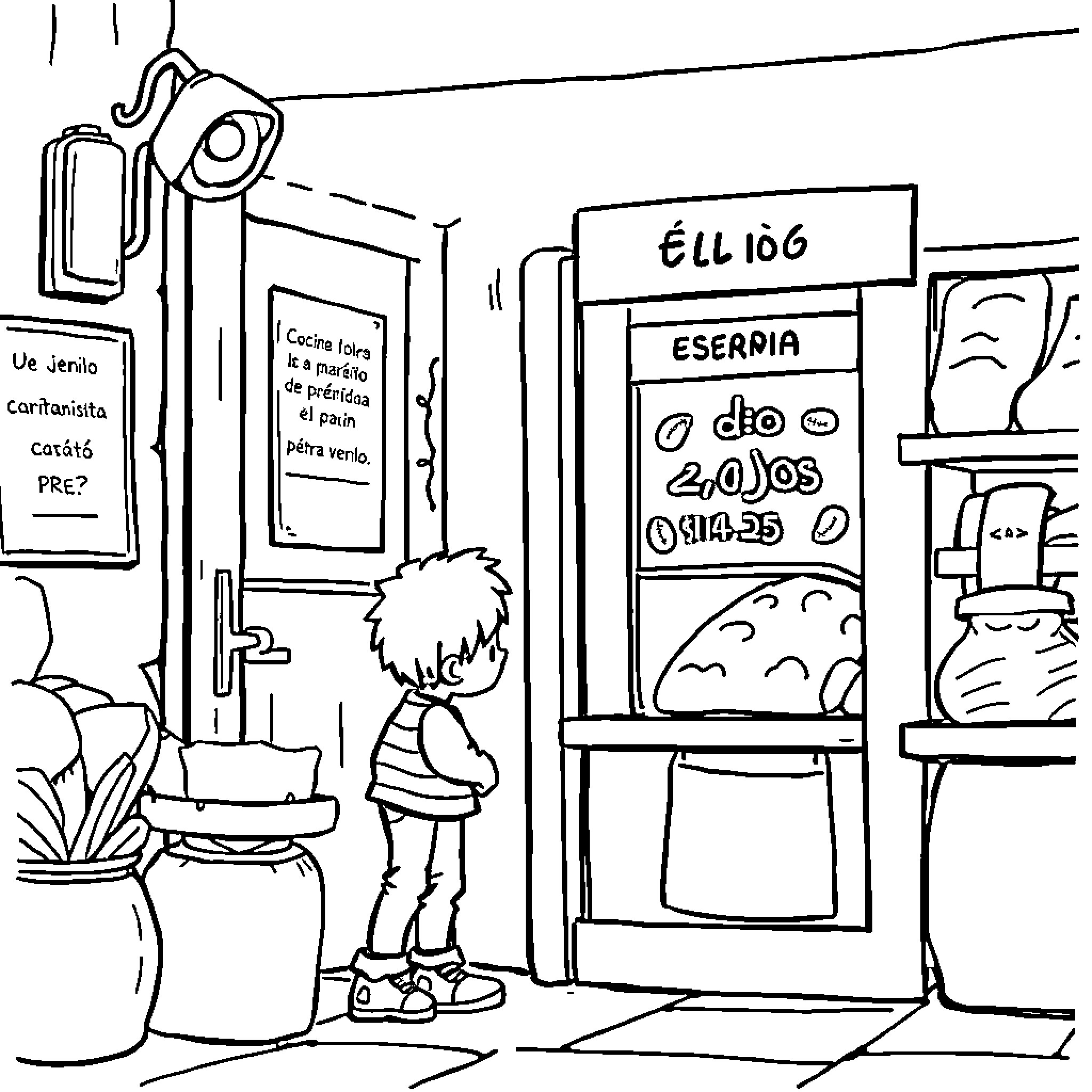 Econio Kid Exploring a Strange Shop Coloring Page (free black-and-white line drawing printable PDF for all, from beginners to advanced learners, including children, teens, adults, and seniors)