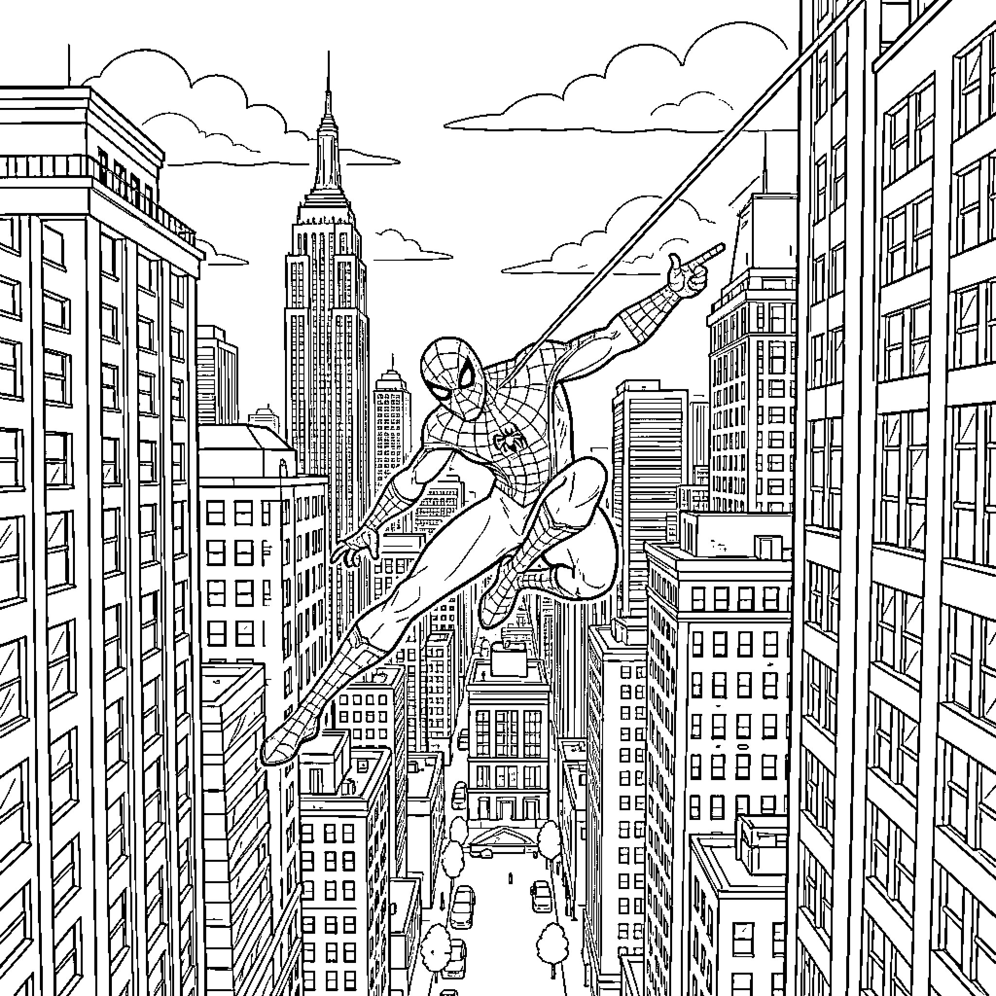 Spider-Man swinging through a dense cityscape Coloring Page (free black-and-white line drawing printable PDF for all, from beginners to advanced learners, including children, teens, adults, and seniors)