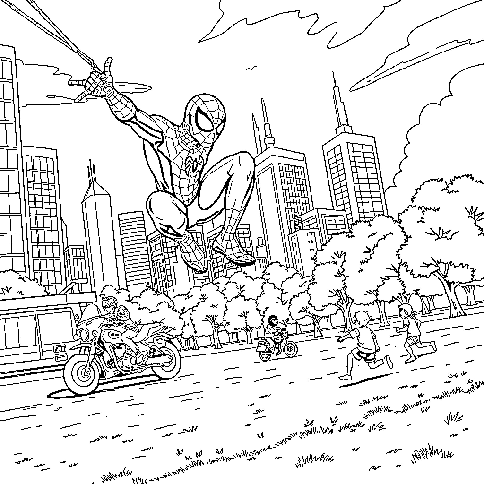 Spiderman swinging through the city streets Coloring Page (free black-and-white line drawing printable PDF for all, from beginners to advanced learners, including children, teens, adults, and seniors)