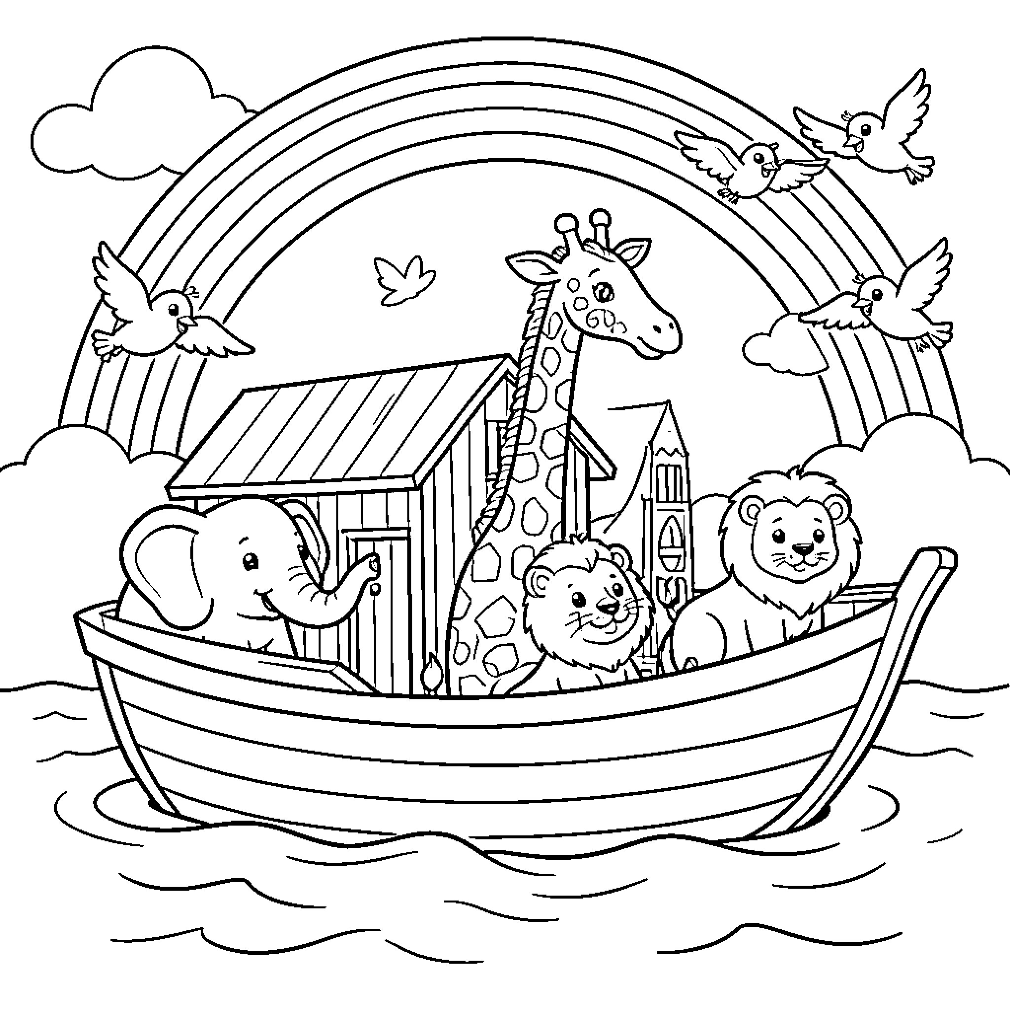 Noah's Ark with Animals and Rainbow Coloring Page (free black-and-white line drawing printable PDF for all, from beginners to advanced learners, including children, teens, adults, and seniors)