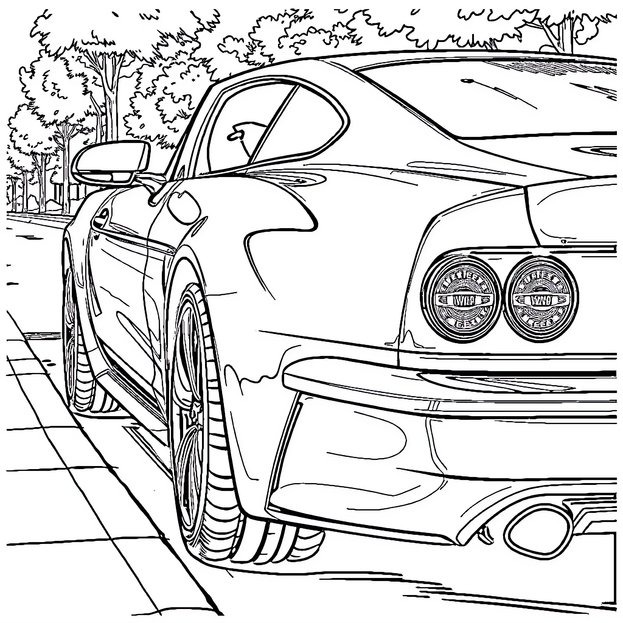 Car driving on a scenic road with trees Coloring Page (free black-and-white line drawing printable PDF for all, from beginners to advanced learners, including children, teens, adults, and seniors)