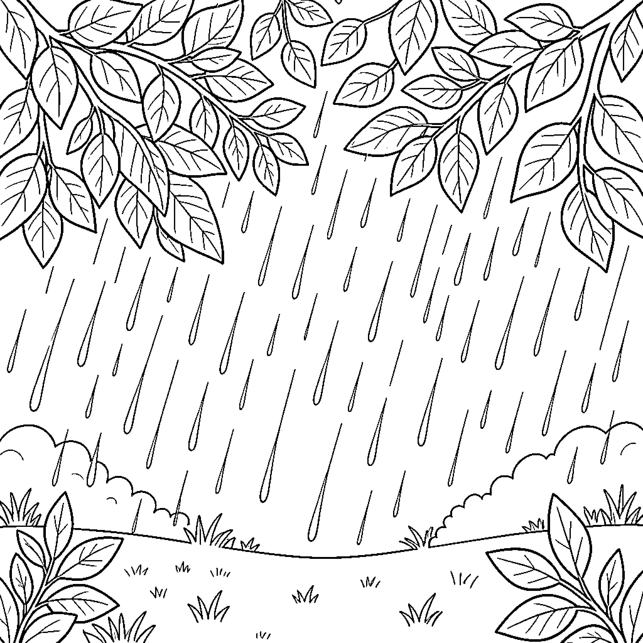 April Showers Bring Blooming Foliage Coloring Page (free black-and-white line drawing printable PDF for all, from beginners to advanced learners, including children, teens, adults, and seniors)