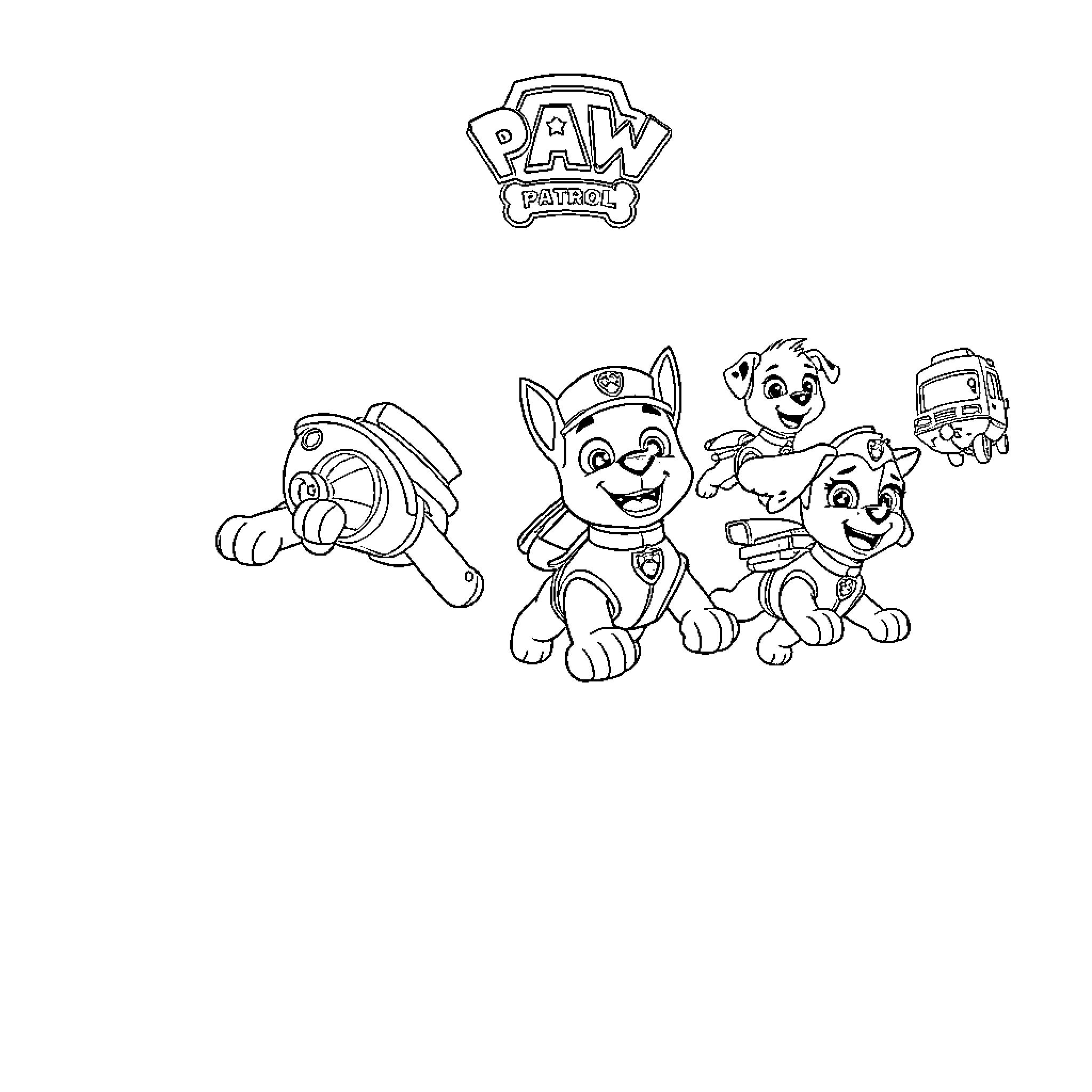 Paw Patrol characters in action Coloring Page (free black-and-white line drawing printable PDF for all, from beginners to advanced learners, including children, teens, adults, and seniors)