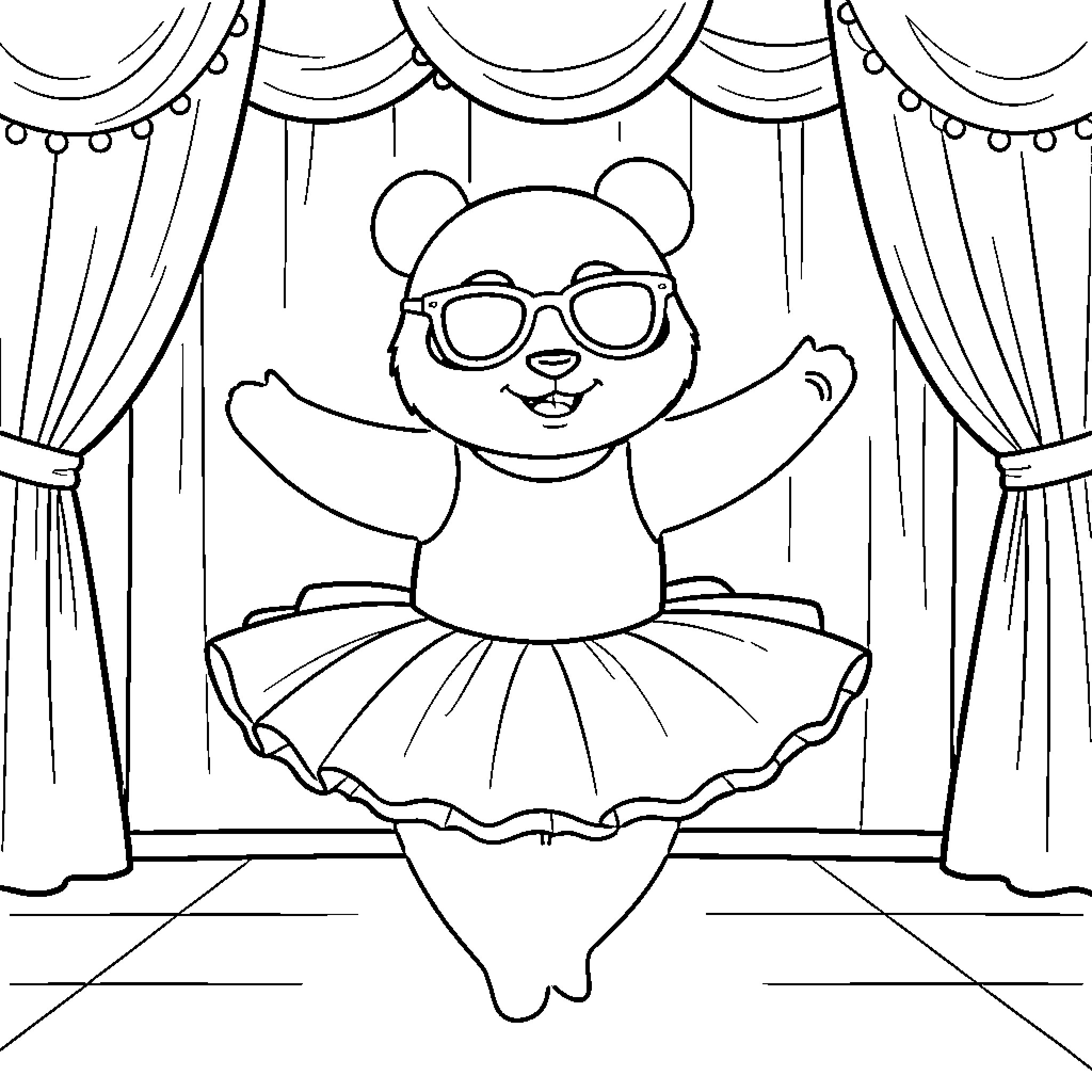 Panda dancing joyfully on stage wearing a tutu Coloring Page (free black-and-white line drawing printable PDF for all, from beginners to advanced learners, including children, teens, adults, and seniors)