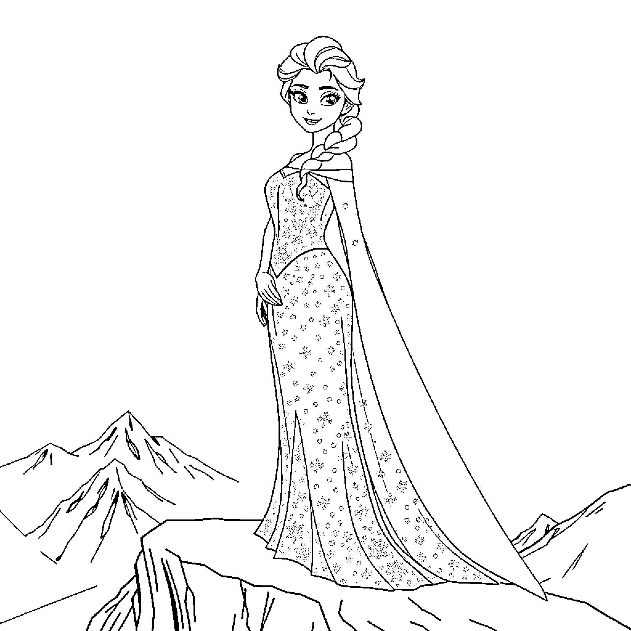 Elsa's Winter Adventure in the Mountains Coloring Page (free black-and-white line drawing printable PDF for all, from beginners to advanced learners, including children, teens, adults, and seniors)