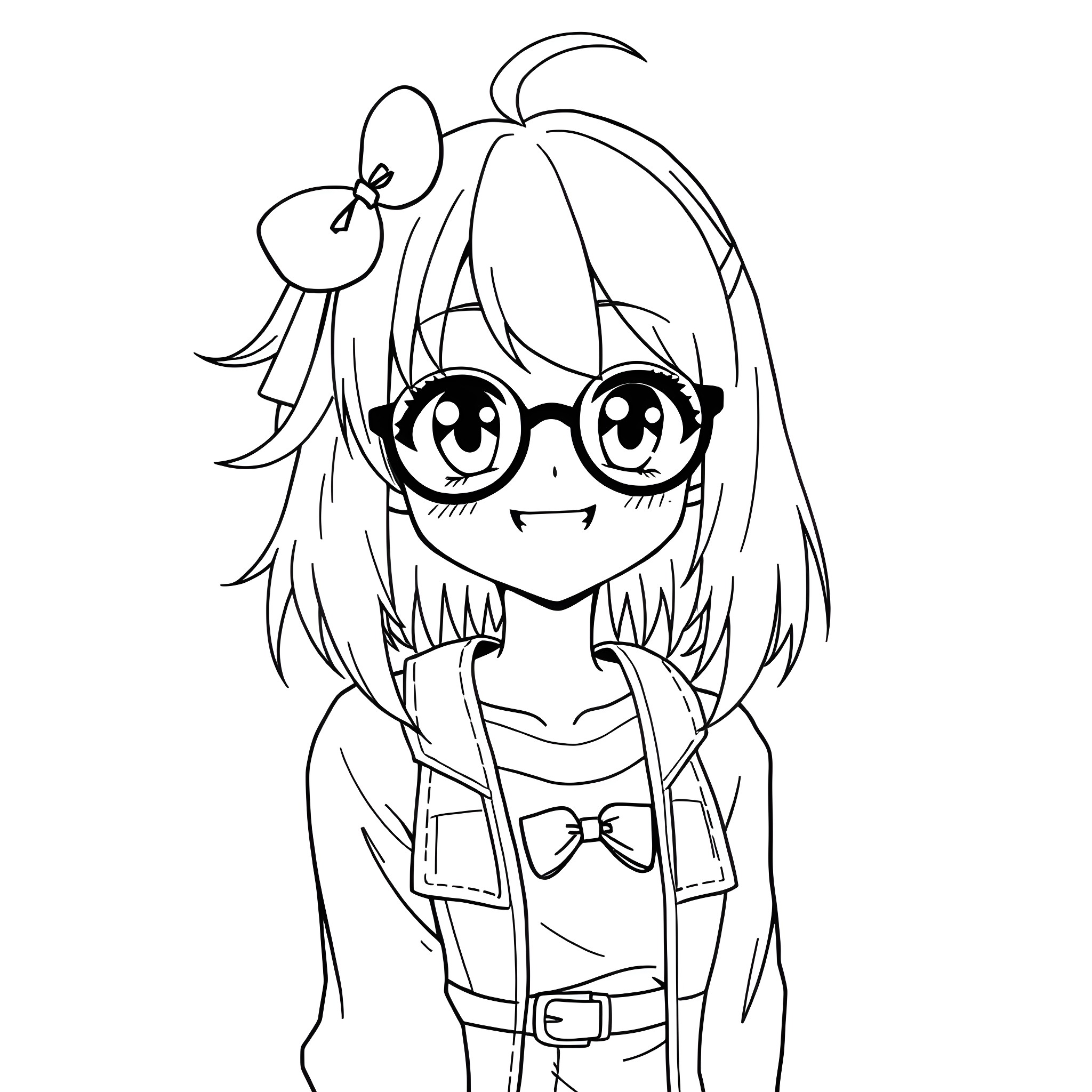 Anime Girl with Glasses and Bow Coloring Page (free black-and-white line drawing printable PDF for all, from beginners to advanced learners, including children, teens, adults, and seniors)