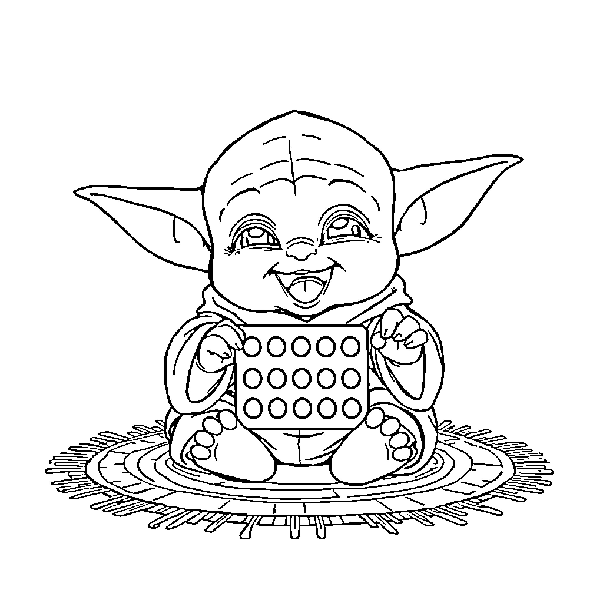 Baby Yoda playing with toys happily Coloring Page (free black-and-white line drawing printable PDF for all, from beginners to advanced learners, including children, teens, adults, and seniors)