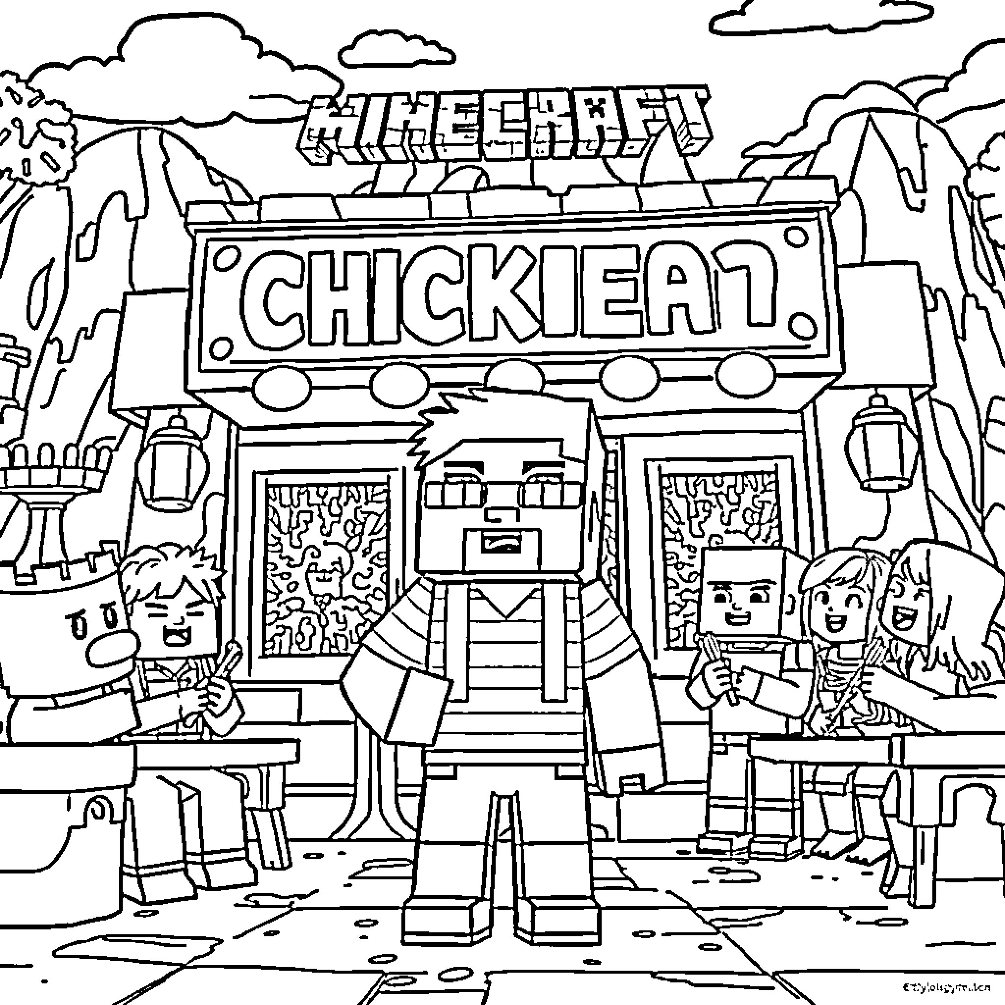 Steve explores the Minecraft Chickien fast food joint Coloring Page (free black-and-white line drawing printable PDF for all, from beginners to advanced learners, including children, teens, adults, and seniors)