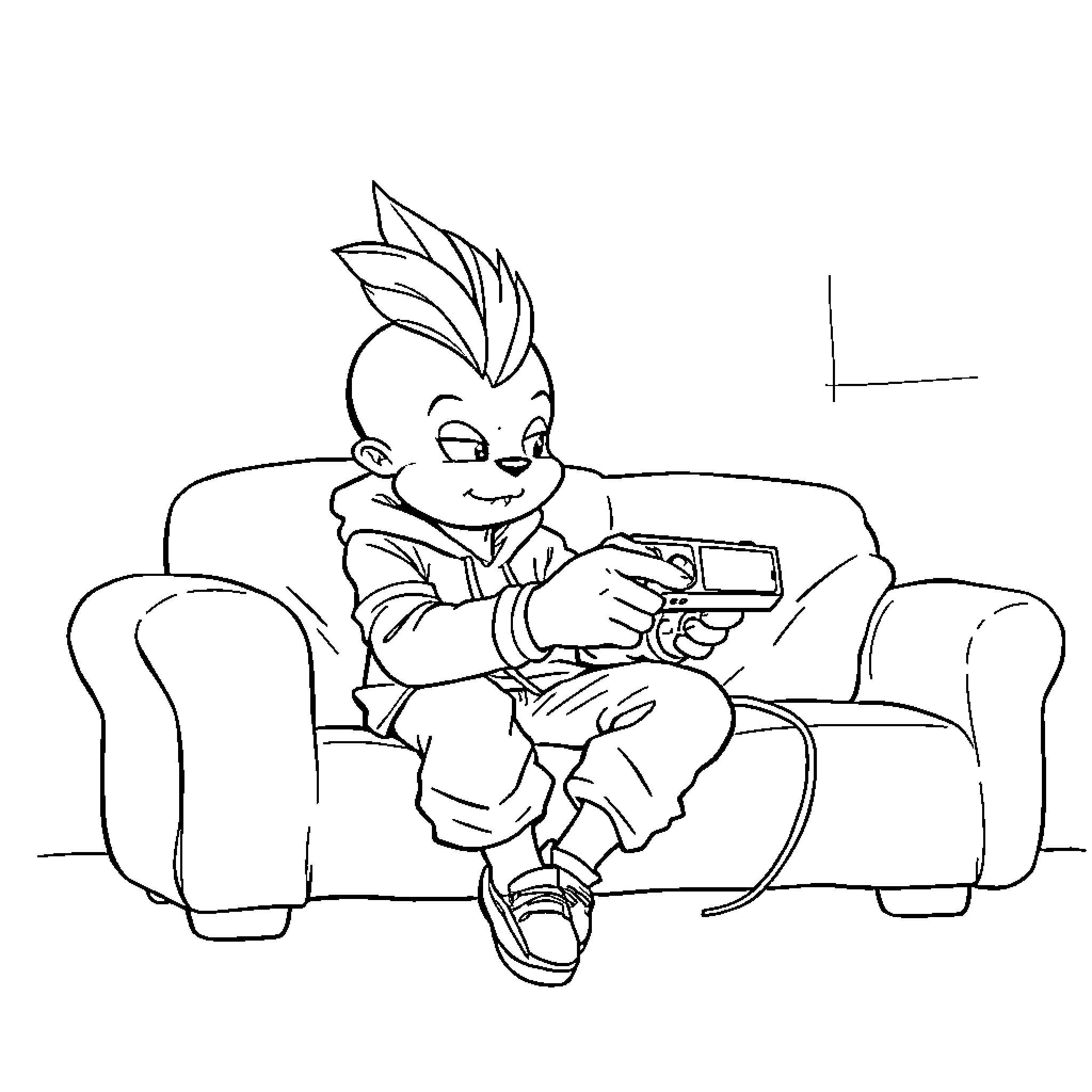Sprunki playing video game on couch Coloring Page (free black-and-white line drawing printable PDF for all, from beginners to advanced learners, including children, teens, adults, and seniors)