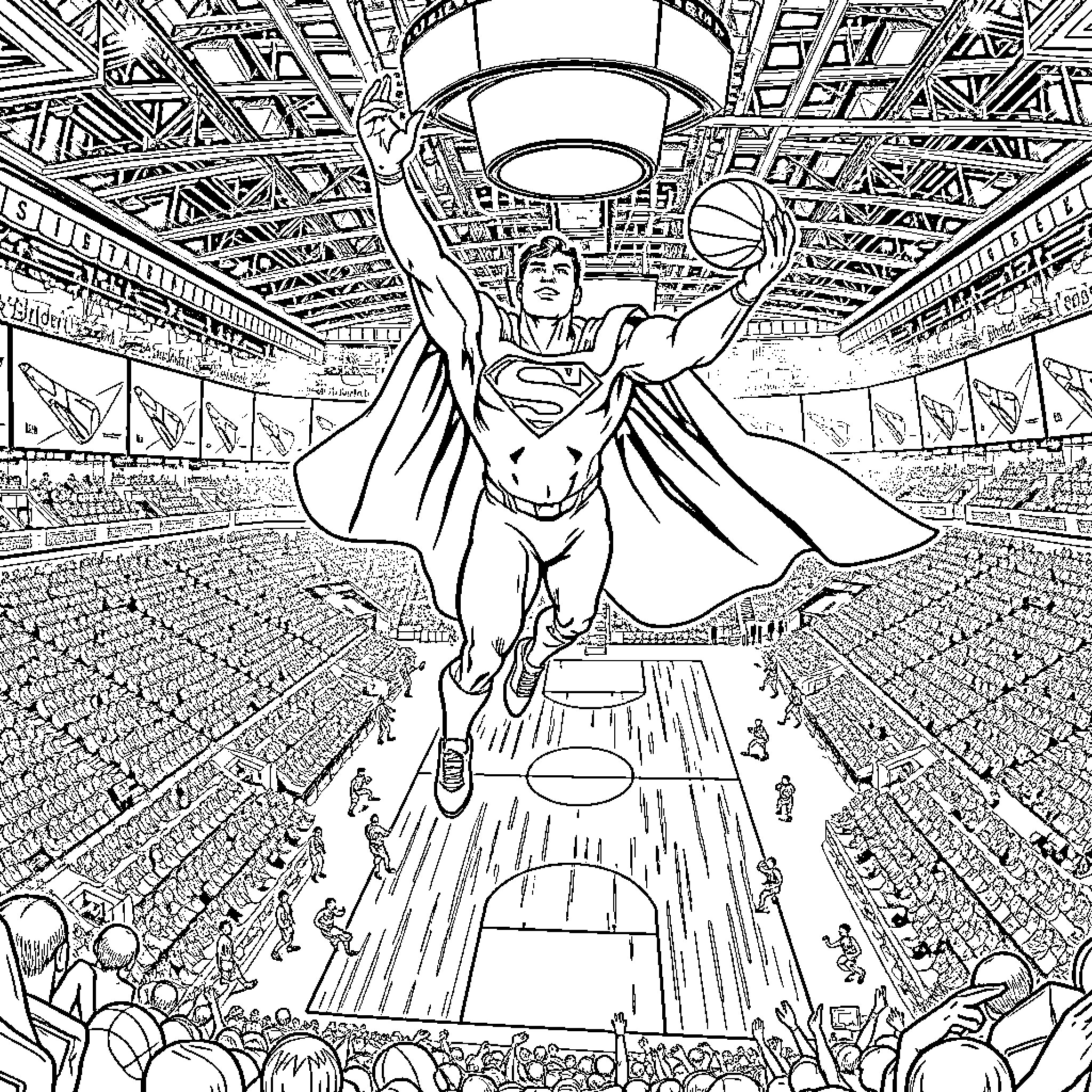 Superman soaring over a crowded stadium Coloring Page (free black-and-white line drawing printable PDF for all, from beginners to advanced learners, including children, teens, adults, and seniors)