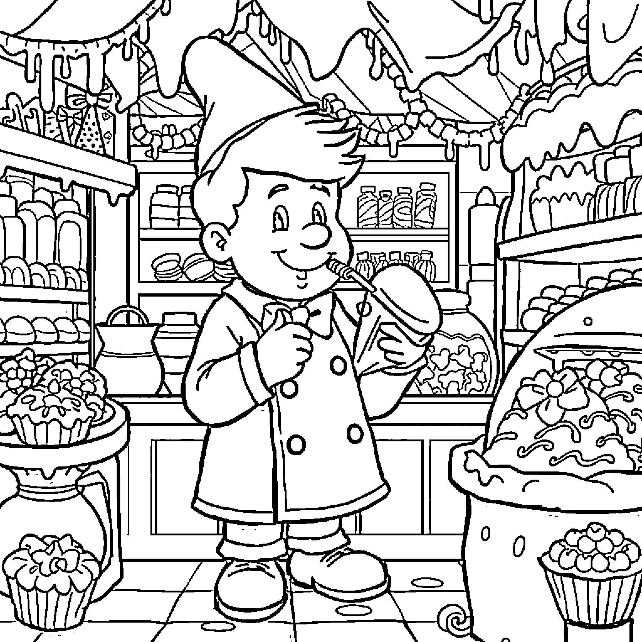 Charlie's Cozy Corner: A Bakery Adventure Coloring Page (free black-and-white line drawing printable PDF for all, from beginners to advanced learners, including children, teens, adults, and seniors)