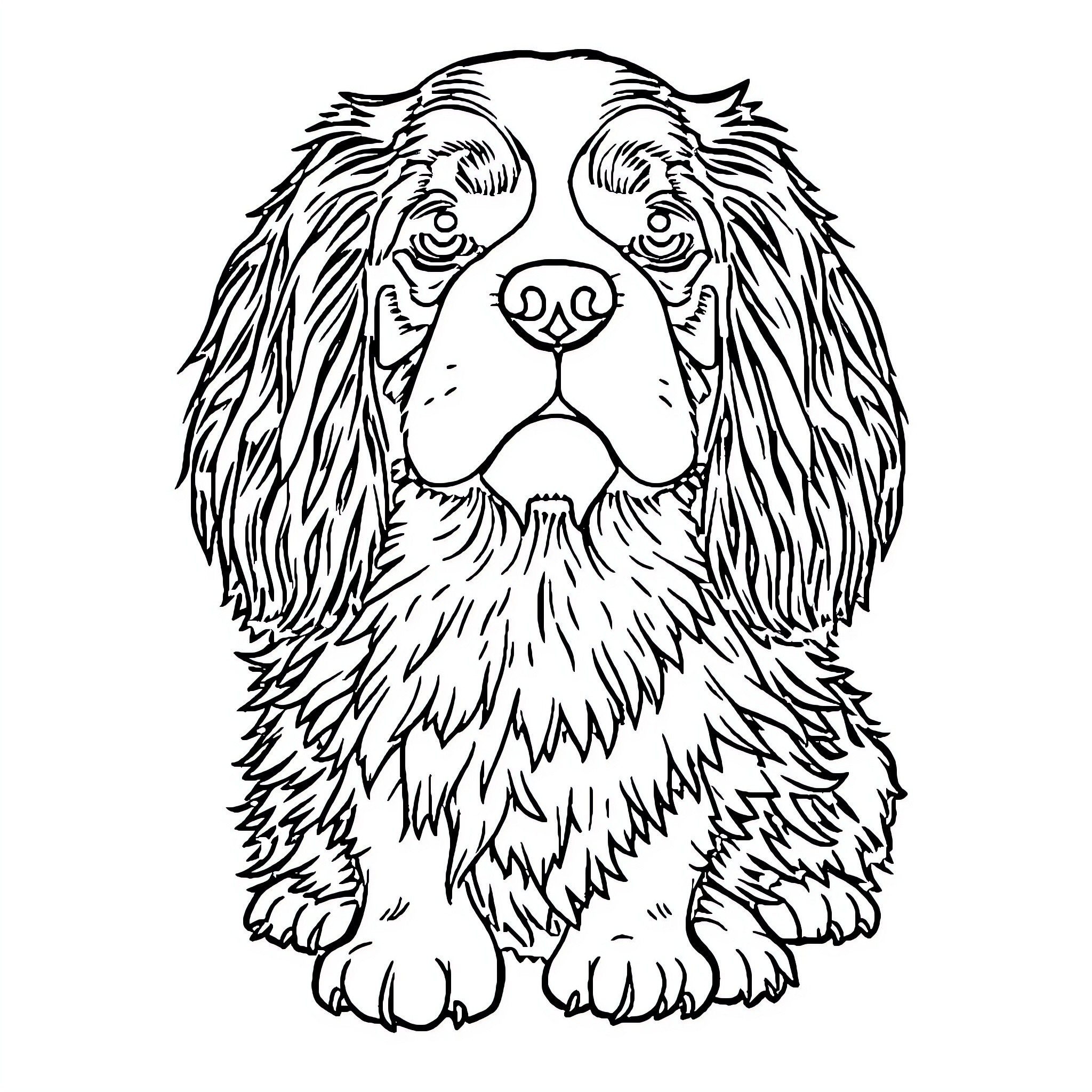 Cavalier King Dog Sitting Happily Coloring Page (free black-and-white line drawing printable PDF for all, from beginners to advanced learners, including children, teens, adults, and seniors)