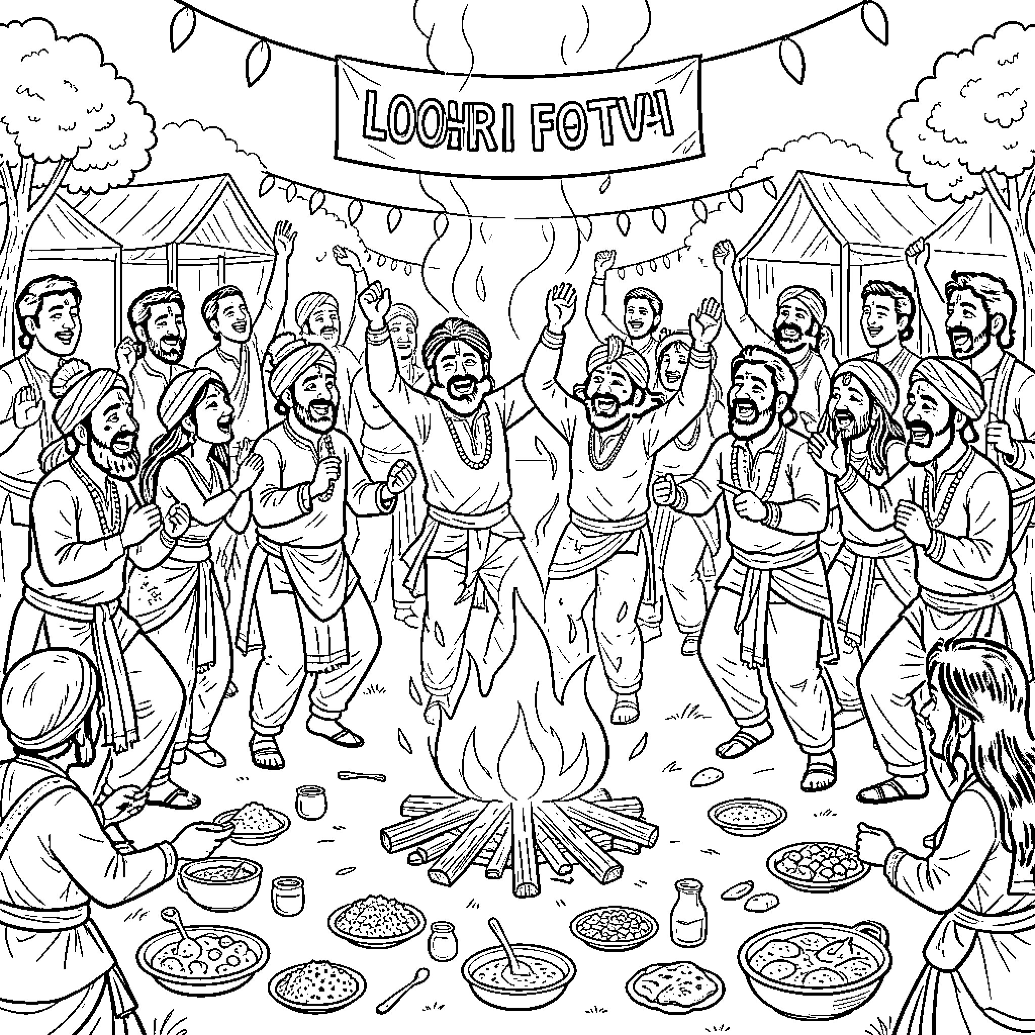 Lohri celebration with dancing, bonfire, and traditional dishes Coloring Page (free black-and-white line drawing printable PDF for all, from beginners to advanced learners, including children, teens, adults, and seniors)