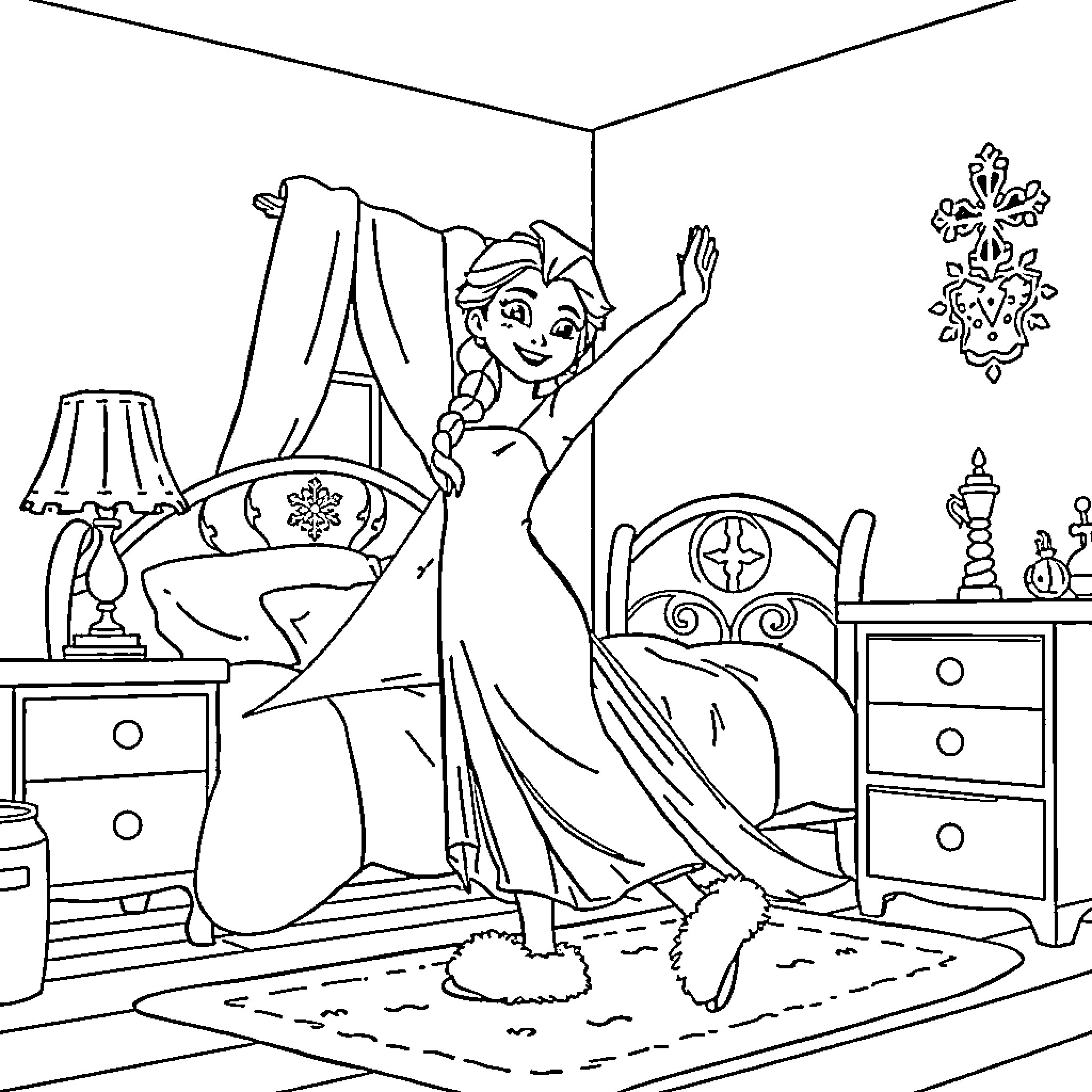 Elsa celebrating joyfully in her bedroom Coloring Page (free black-and-white line drawing printable PDF for all, from beginners to advanced learners, including children, teens, adults, and seniors)