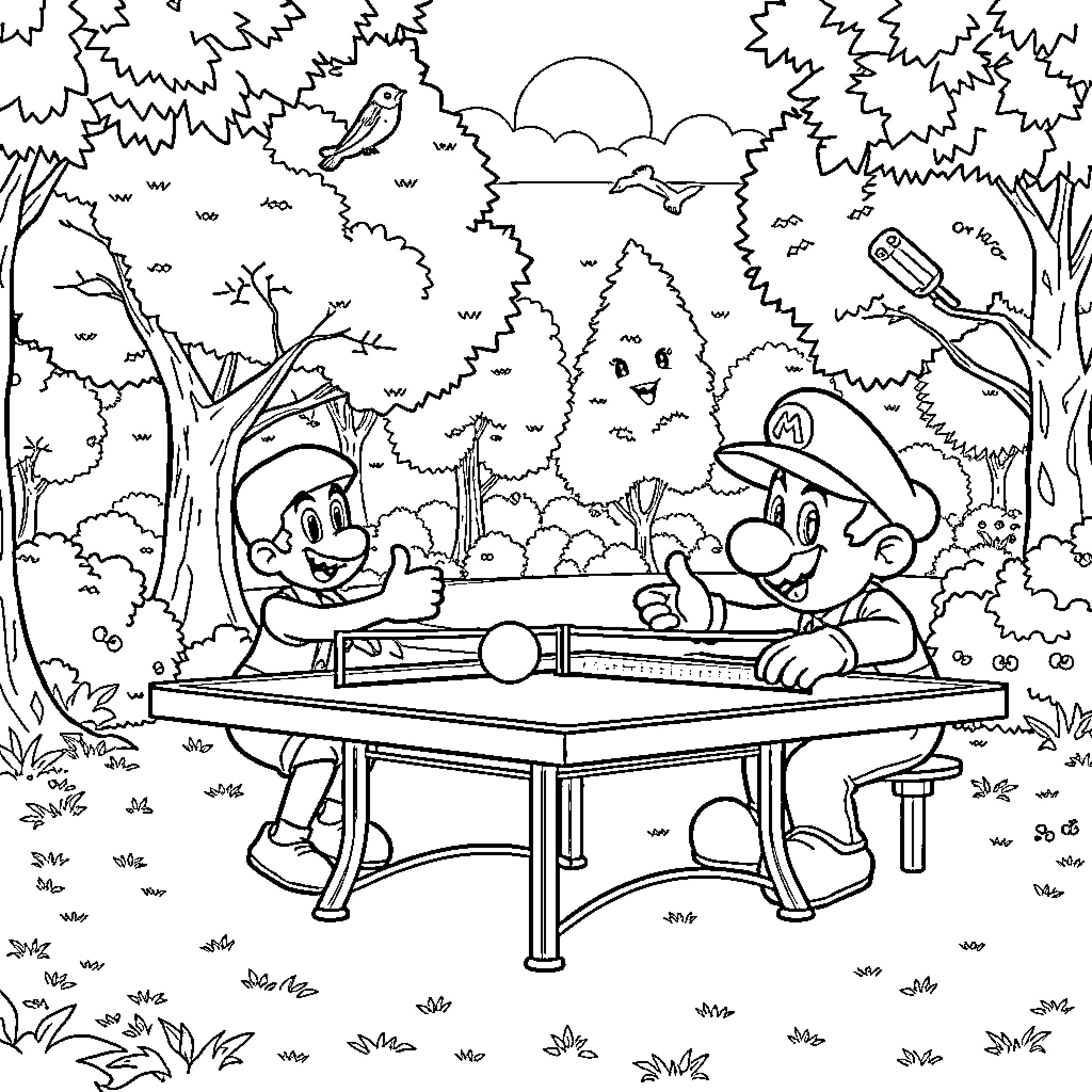 Super Mario Characters Playing Table Tennis in the Forest Coloring Page (free black-and-white line drawing printable PDF for all, from beginners to advanced learners, including children, teens, adults, and seniors)