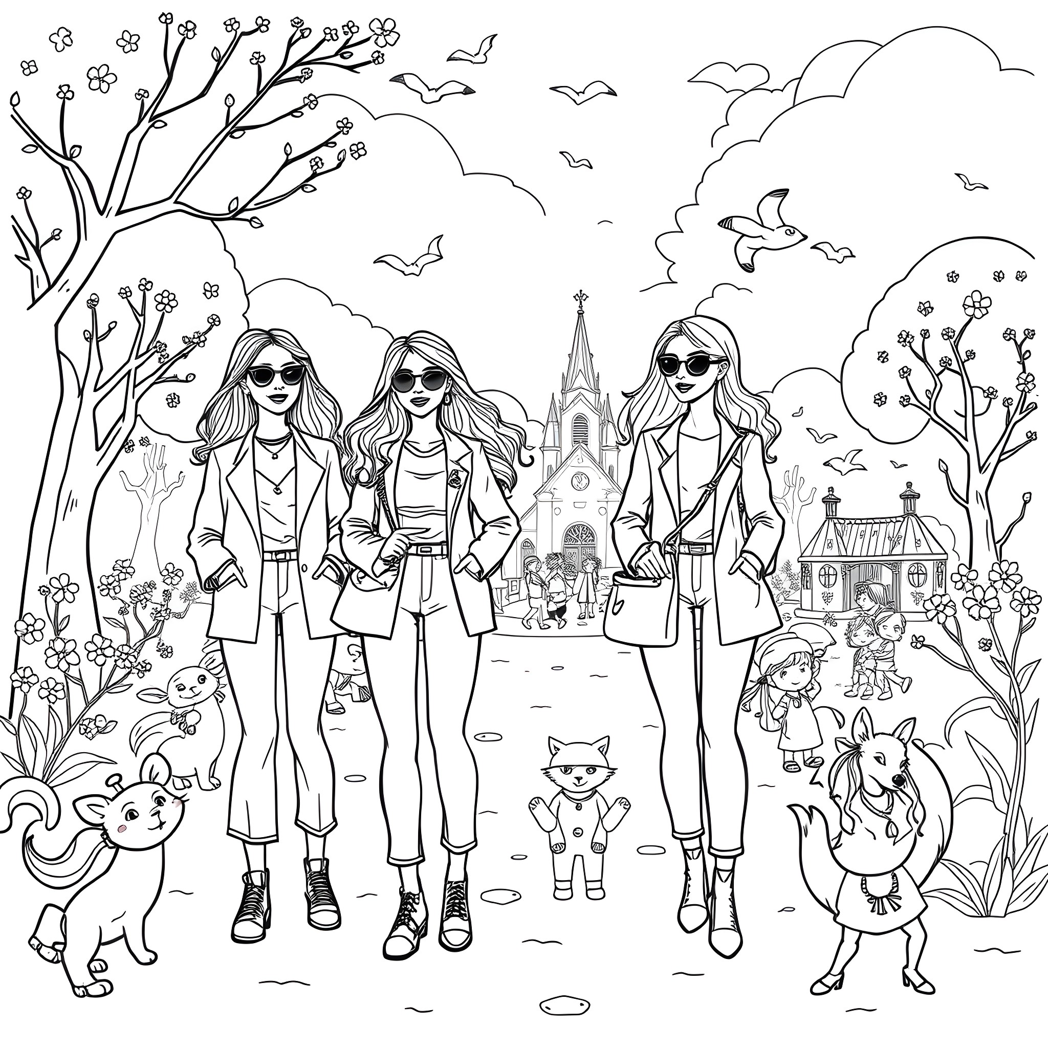 Women enjoying a walk in the park with their pets Coloring Page (free black-and-white line drawing printable PDF for all, from beginners to advanced learners, including children, teens, adults, and seniors)