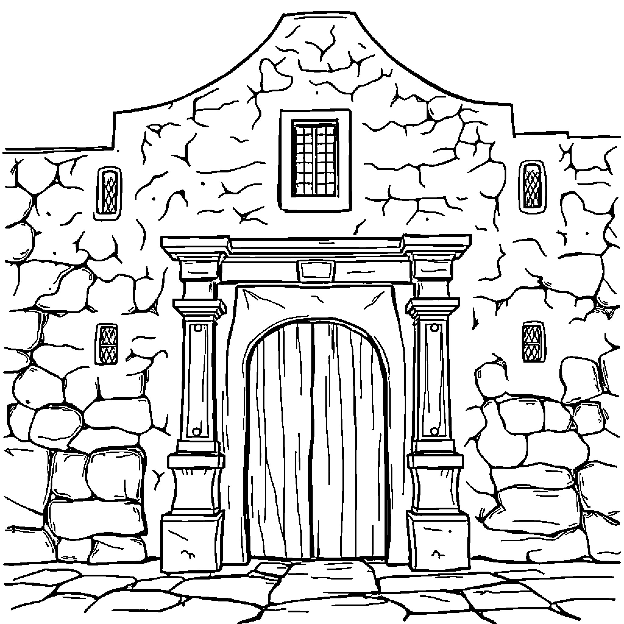 Alamo Mission: Historic Stone Entrance Coloring Page (free black-and-white line drawing printable PDF for all, from beginners to advanced learners, including children, teens, adults, and seniors)