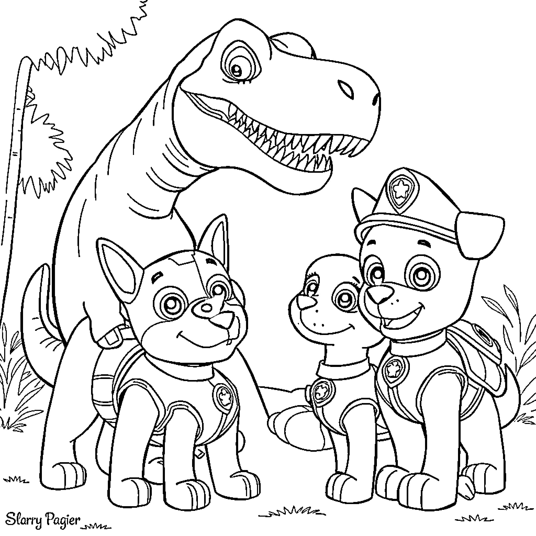 Paw Patrol characters interacting with a friendly dinosaur Coloring Page (free black-and-white line drawing printable PDF for all, from beginners to advanced learners, including children, teens, adults, and seniors)