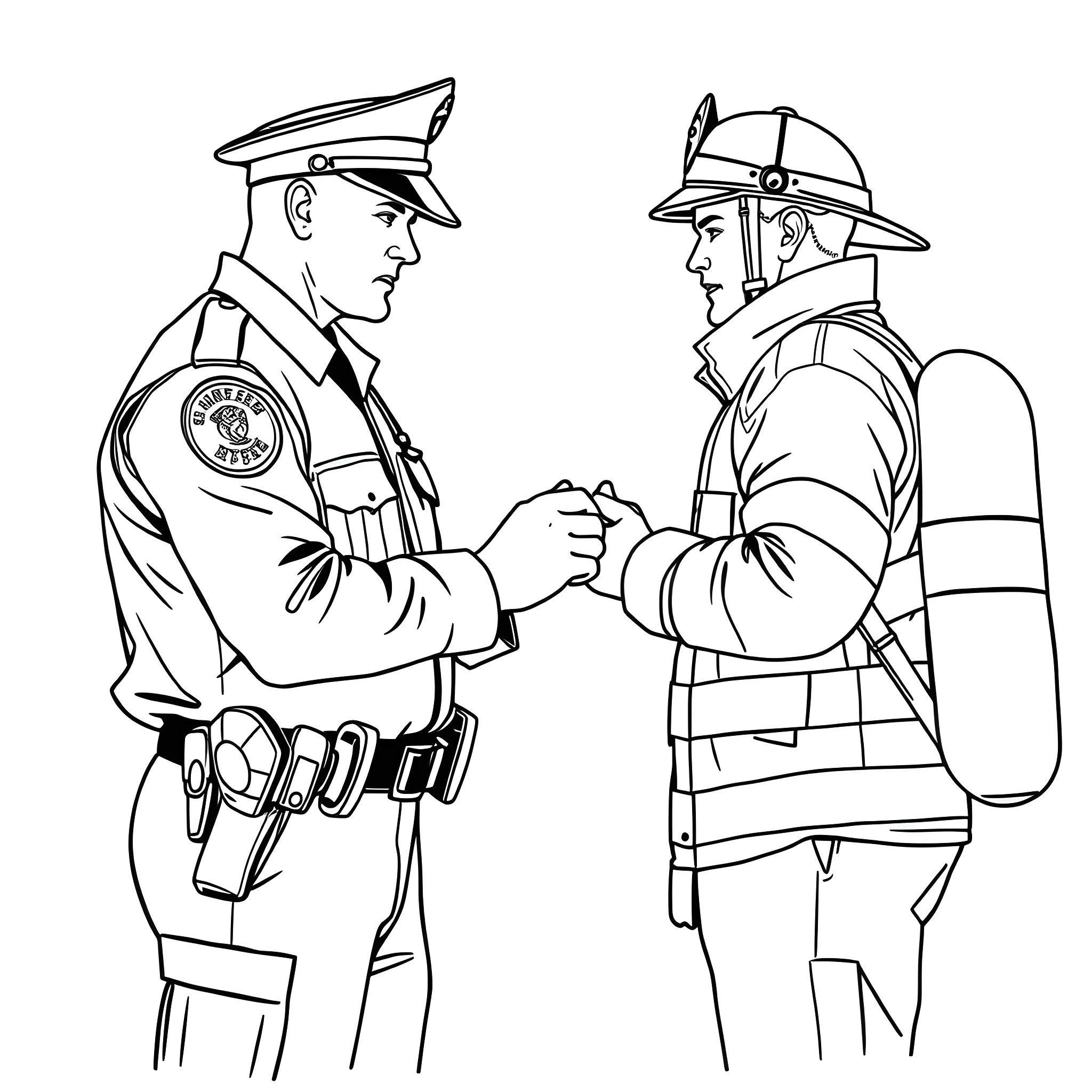 Cop and Firefighter Shaking Hands Coloring Page (free black-and-white line drawing printable PDF for all, from beginners to advanced learners, including children, teens, adults, and seniors)