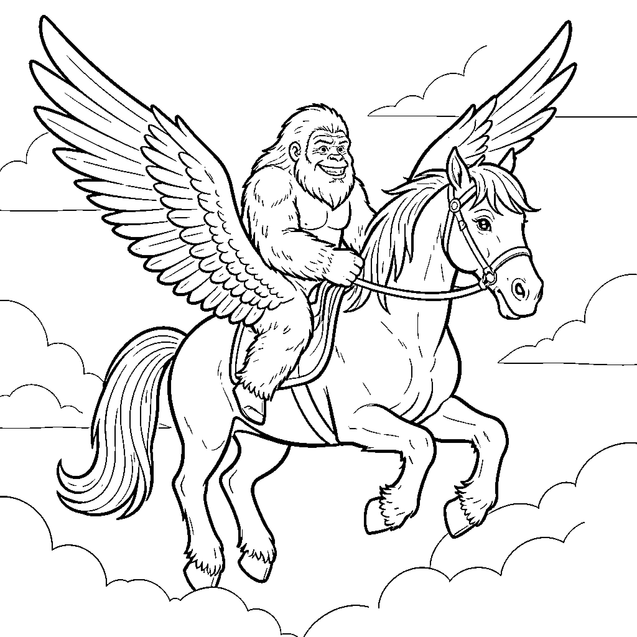 Sasquatch riding a winged horse in the clouds Coloring Page (free black-and-white line drawing printable PDF for all, from beginners to advanced learners, including children, teens, adults, and seniors)