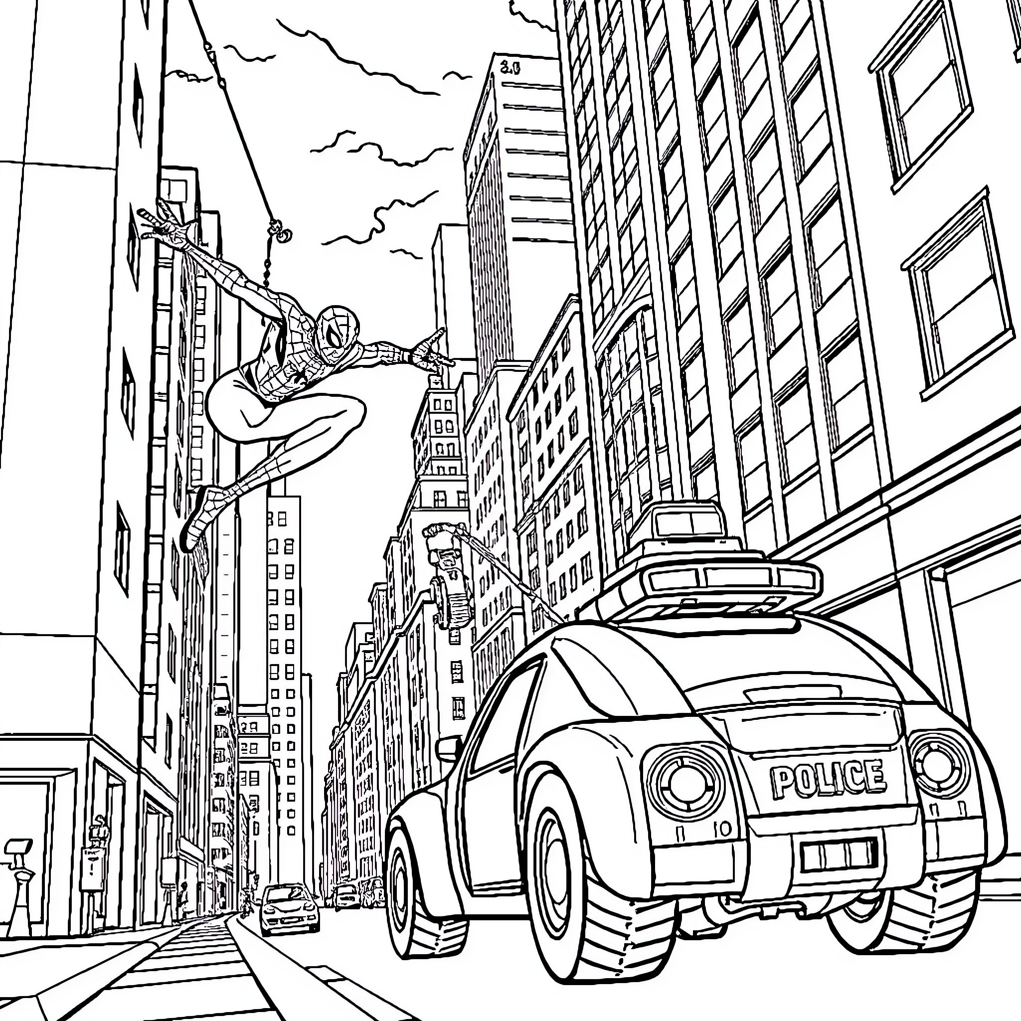 Spidey swinging through the city with police car Coloring Page (free black-and-white line drawing printable PDF for all, from beginners to advanced learners, including children, teens, adults, and seniors)