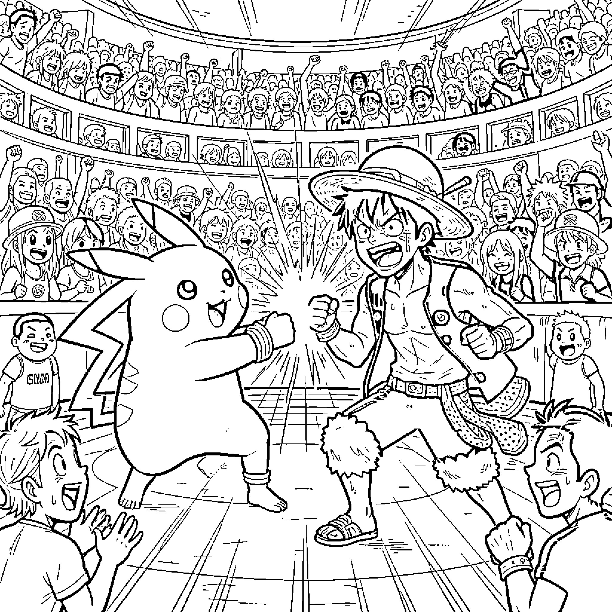 Pikachu battling Monkey D. Luffy in a crowded arena Coloring Page (free black-and-white line drawing printable PDF for all, from beginners to advanced learners, including children, teens, adults, and seniors)