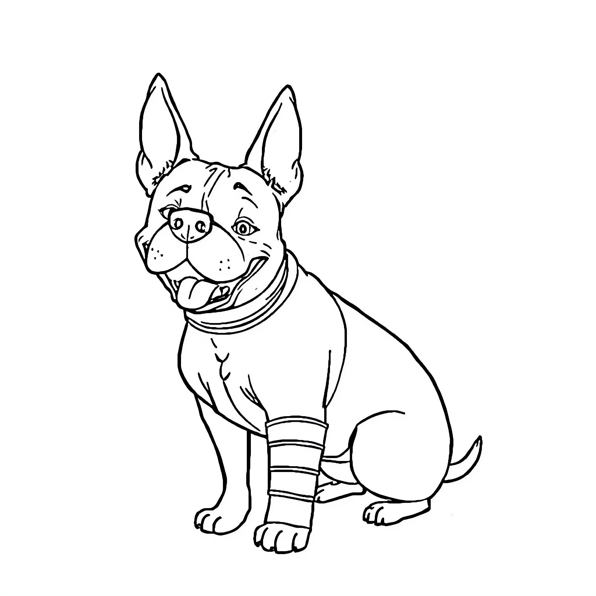 Staffy dog sitting and smiling happily Coloring Page (free black-and-white line drawing printable PDF for all, from beginners to advanced learners, including children, teens, adults, and seniors)