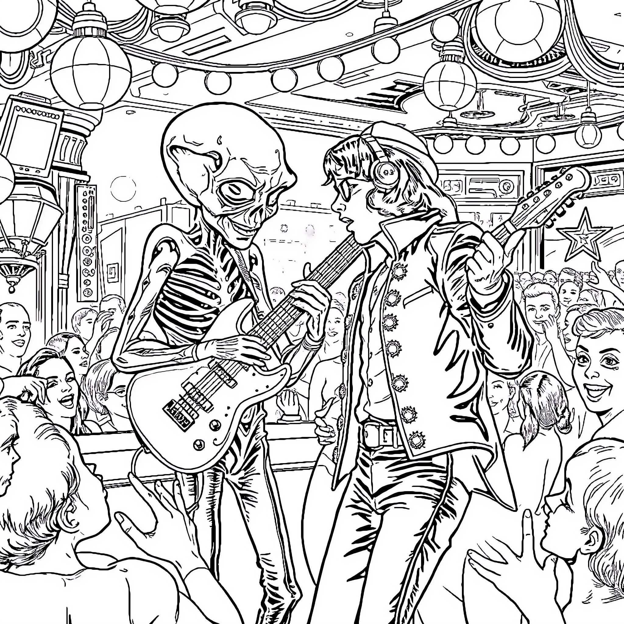 Extraterrestre Band Performs at Cosmic Music Festival Coloring Page (free black-and-white line drawing printable PDF for all, from beginners to advanced learners, including children, teens, adults, and seniors)